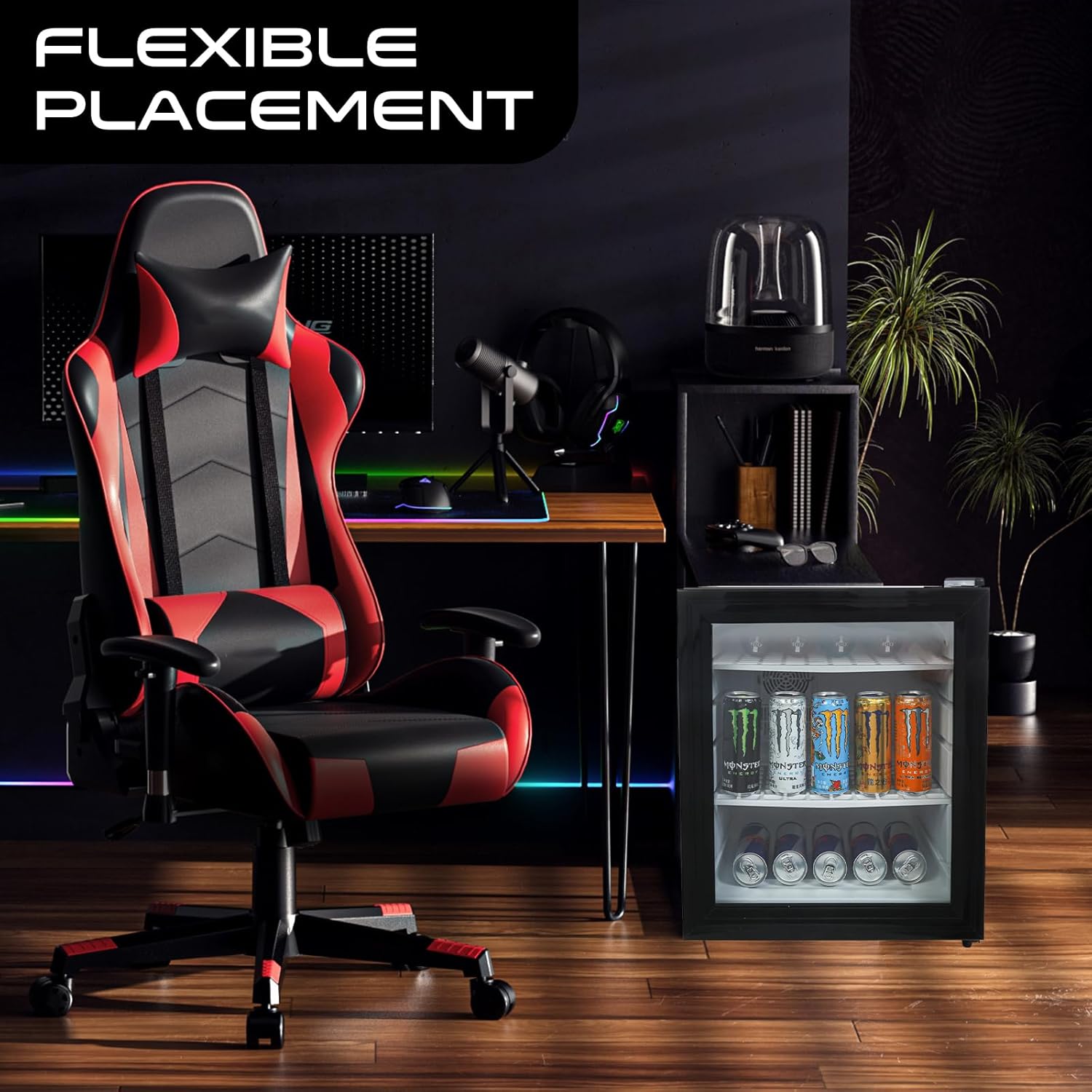 Image showing the 42L capacity, removable shelves, and temperature range of 12°C to 18°C, with a noise level of less than 38dB.