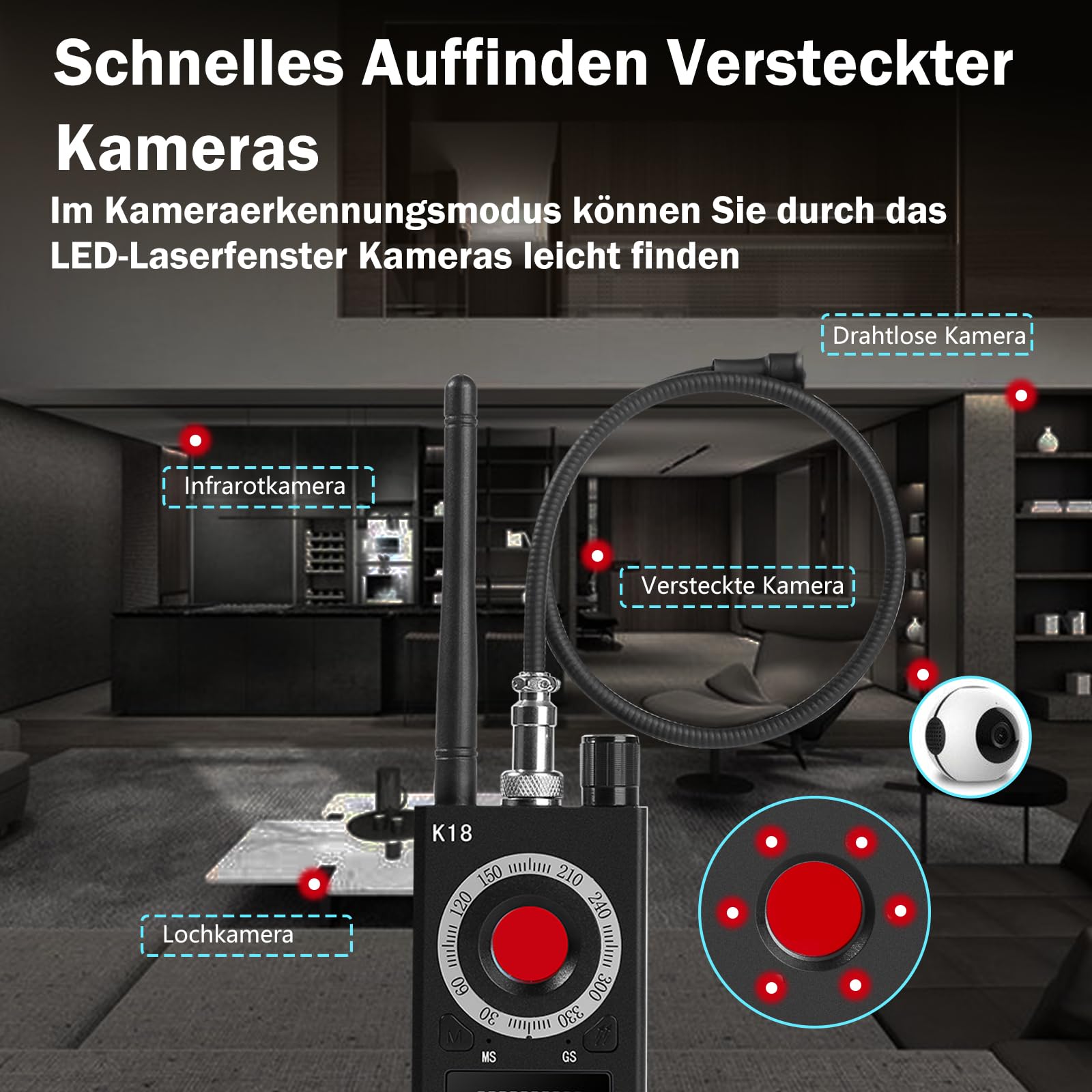 Wanzen Detektor, Versteckte Kamera Detektor Hidden Camera Finder Wanzenfinder Anti Spy Anti Aufnahme Detektor RF Wireless GSM Tracker Finder Abhörgeräte Funkkameras für Heim Büro Hotel