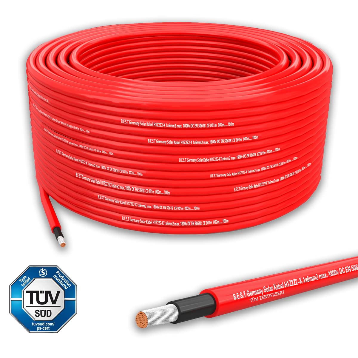 Germany B.e.s.t Solarkabel 6mm² Rot - 100m - Photovoltaikkabel, flexibel, UV-beständig, PV Kabel, leistungsstark, Schwarz-