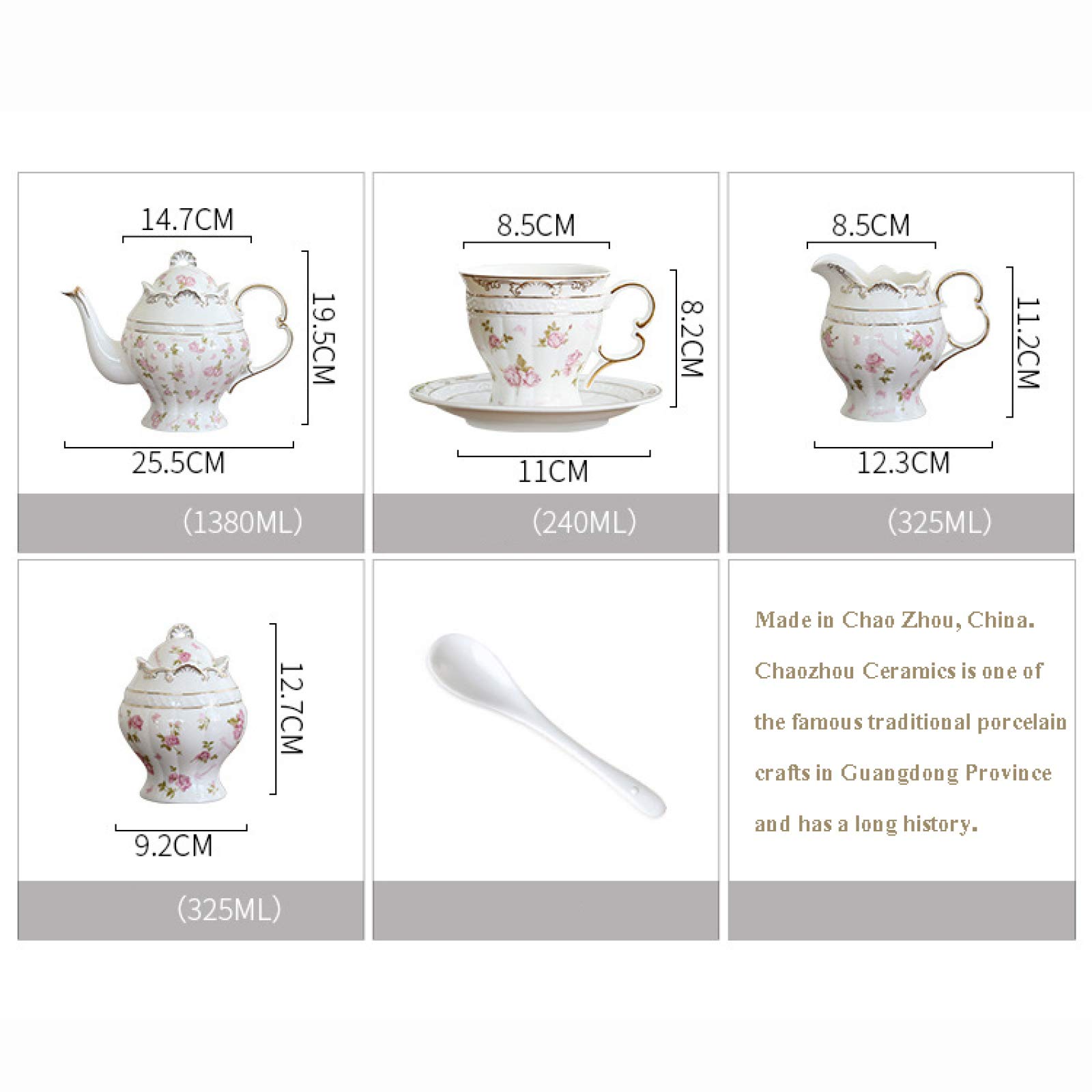 zestaw do herbaty, Zestaw porcelanowych filiżanek do herbaty Zestawy filiżanki kawy ze spodkiem podwieczorku Serwisowy zestaw upominkowy Chińska filiżanka z podstawką Cukiernica i dzbanek śmietanki