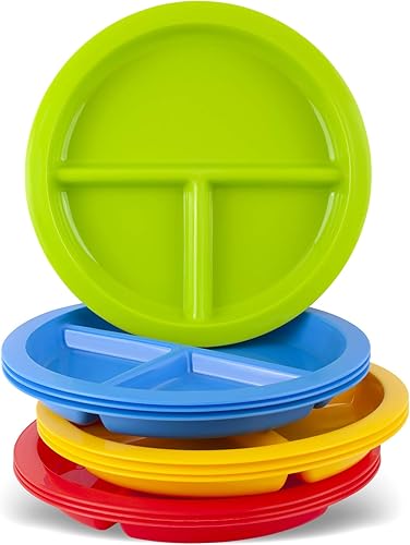 Miniatura 6 de 3 platos divididos con compartimentos para niños, juego de 12 bandejas de plástico para niños para comer con divisores, 4 colores brillantes (3 de