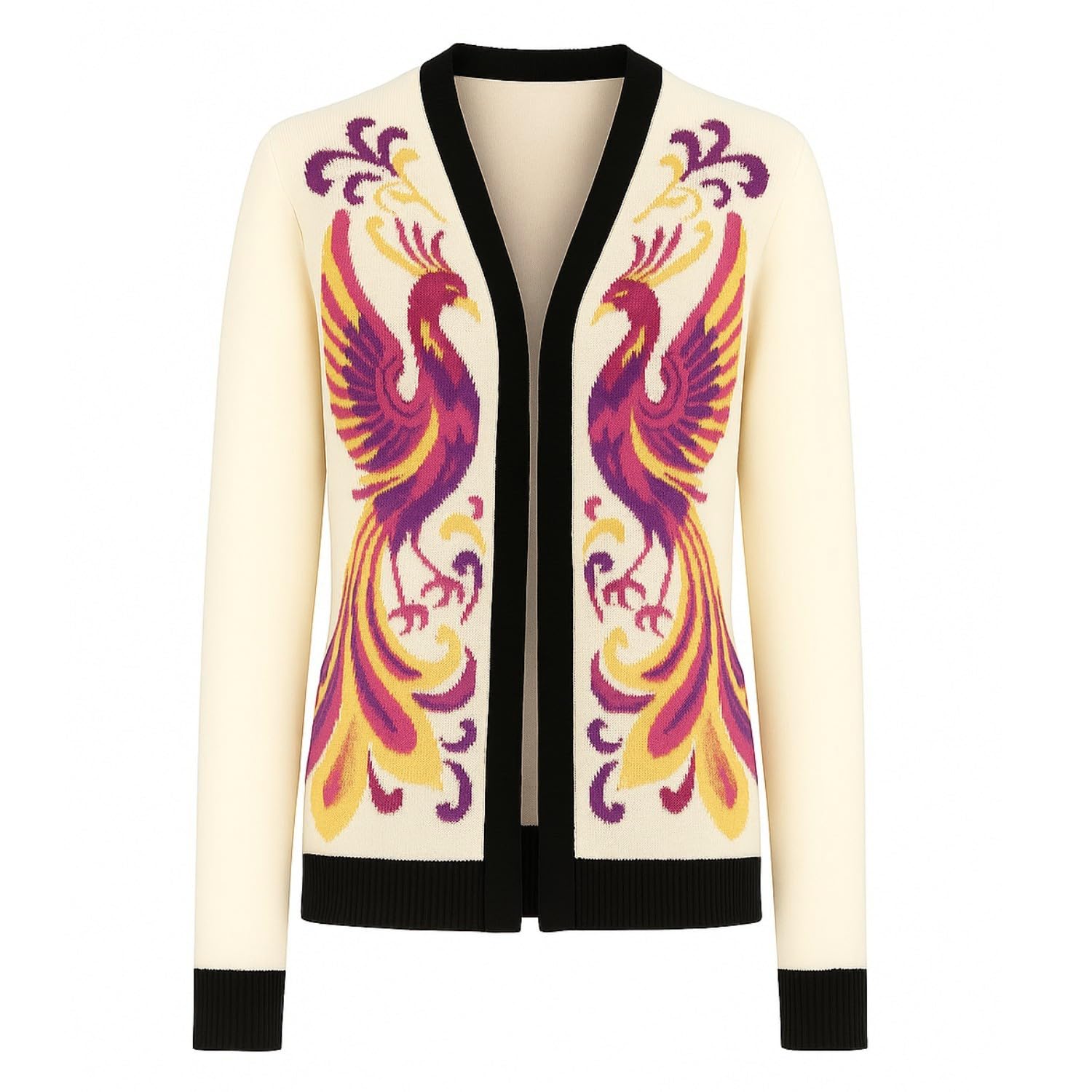 OXKNIT Knitted Jacquard Cardigan Sweaters for Women Fashion Phoenix Pattern Vintage Beige Long Sleeve Tops
