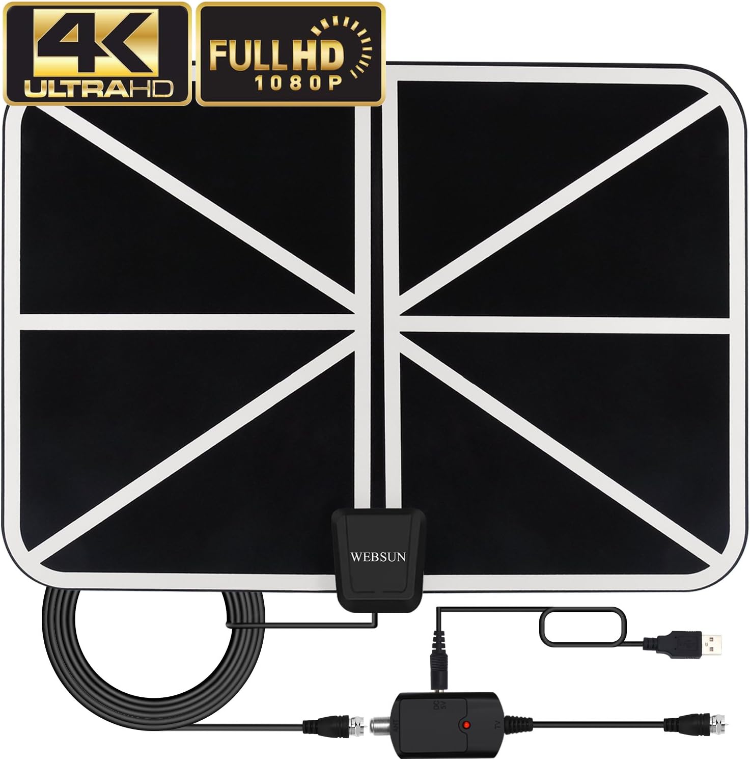 TV Antenna for Digital HDTV, WEBSUN 150 Mile Range Skywire TV Antenna Indoor 1080P 4K with 18ft Coax Cable