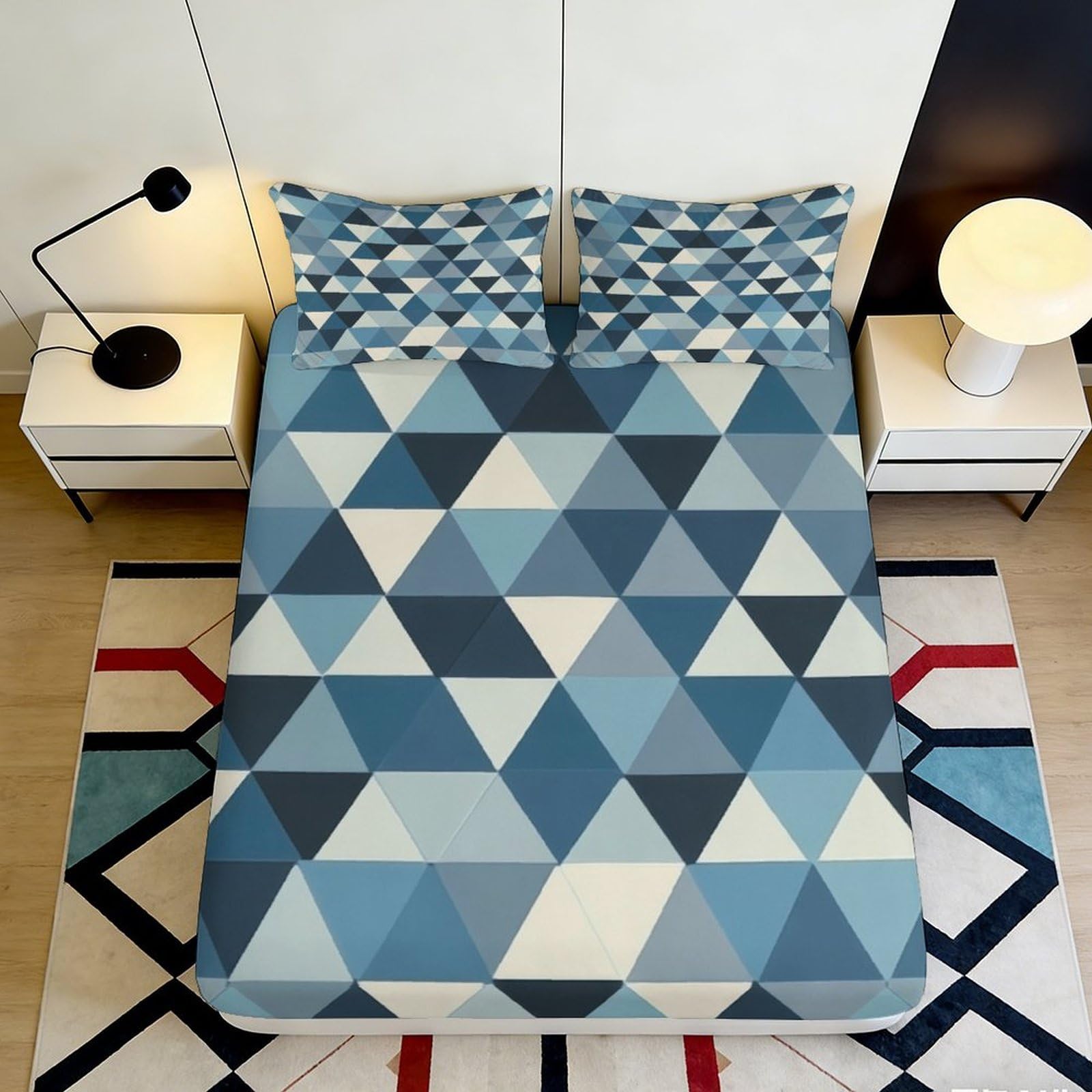 Pnayamiorkfel Style-3 3D Printed Blue Geometric Triangle Fitted Sheet Microfiber Soft Modern Pattern Mattress Cover Bedroom Decor 90X200x25cm