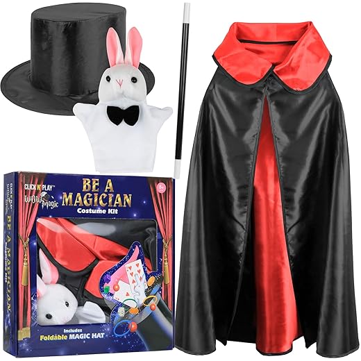 Click N' Play Magician Costume for Kids, Magician Kit, Halloween Dress Up & Pretend Play Set Complete with a Magic Set: Magic Hat, Magic Wand & Rabbit Magic Tricks, Magic Kit for Kids Age 8-10