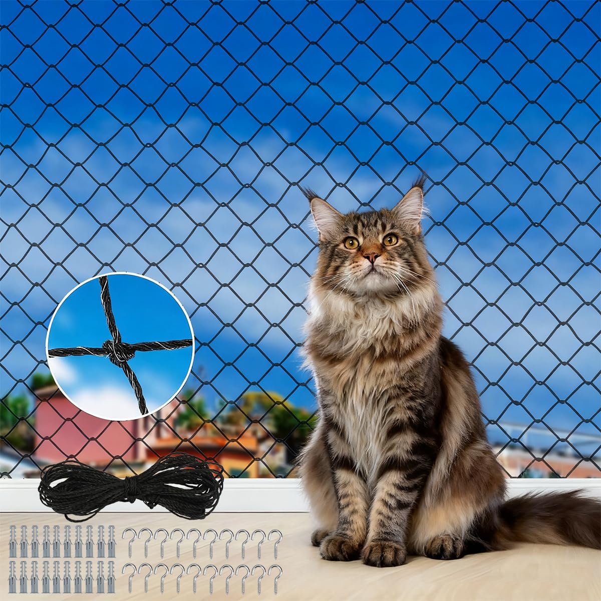 Aystkniet Kattennet Balkon, Kattennet Versterkt met Bevestigingskoord & Spijkers & Kabelbinders, Beet-en Scheurbestendig Cat Net, UV-bestendig Kattenbeschermingsnet (Zwart, 5 x 2 m