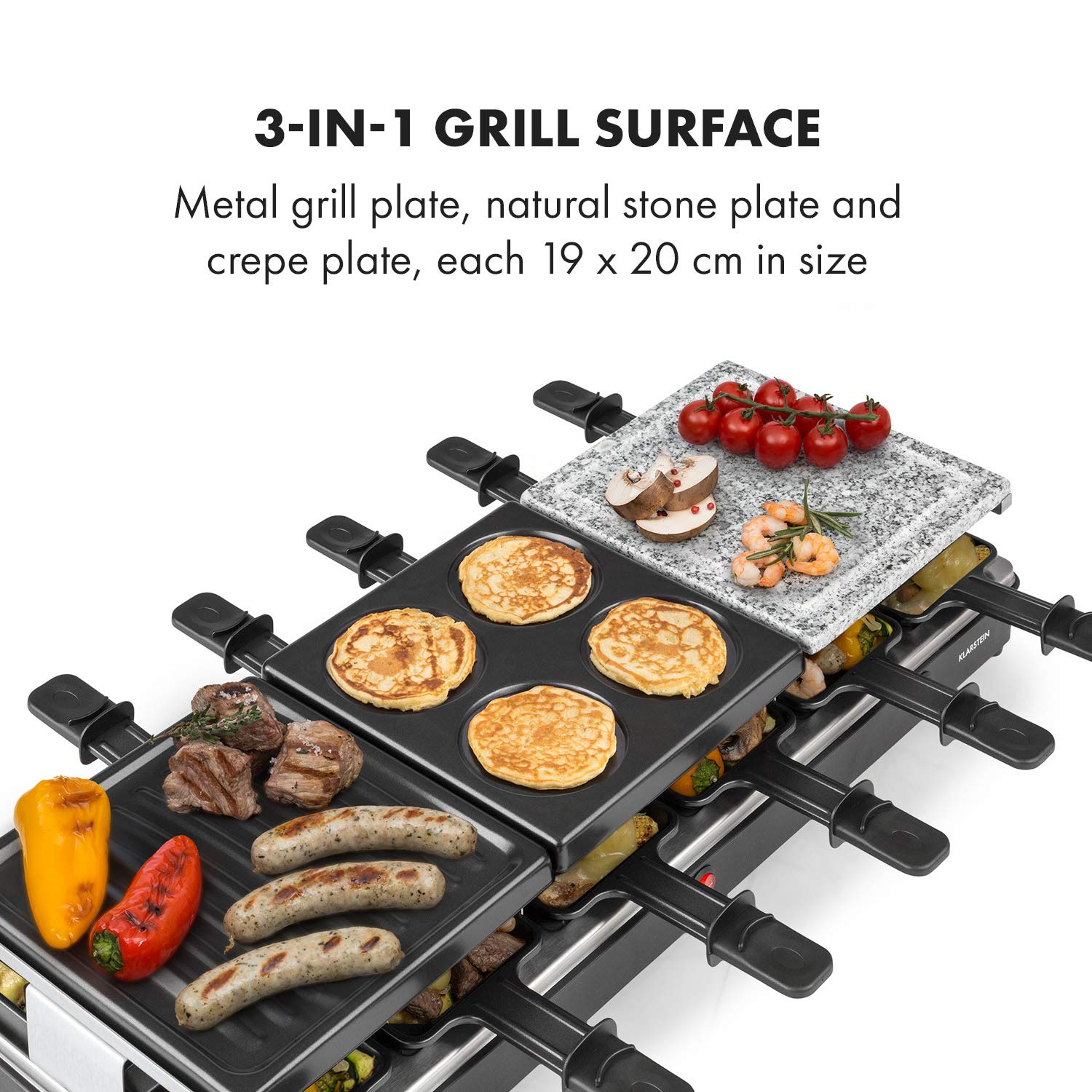 Klarstein Fonduelette XL - Set de Raclette y Fondue 3 en 1, 1650 Vatios, 3 Placas de Parrilla: Metal/Piedra Natural/Crepes, 3 Resistencias Inox Separadas, hasta 12 Personas, Antiadherente, Negro