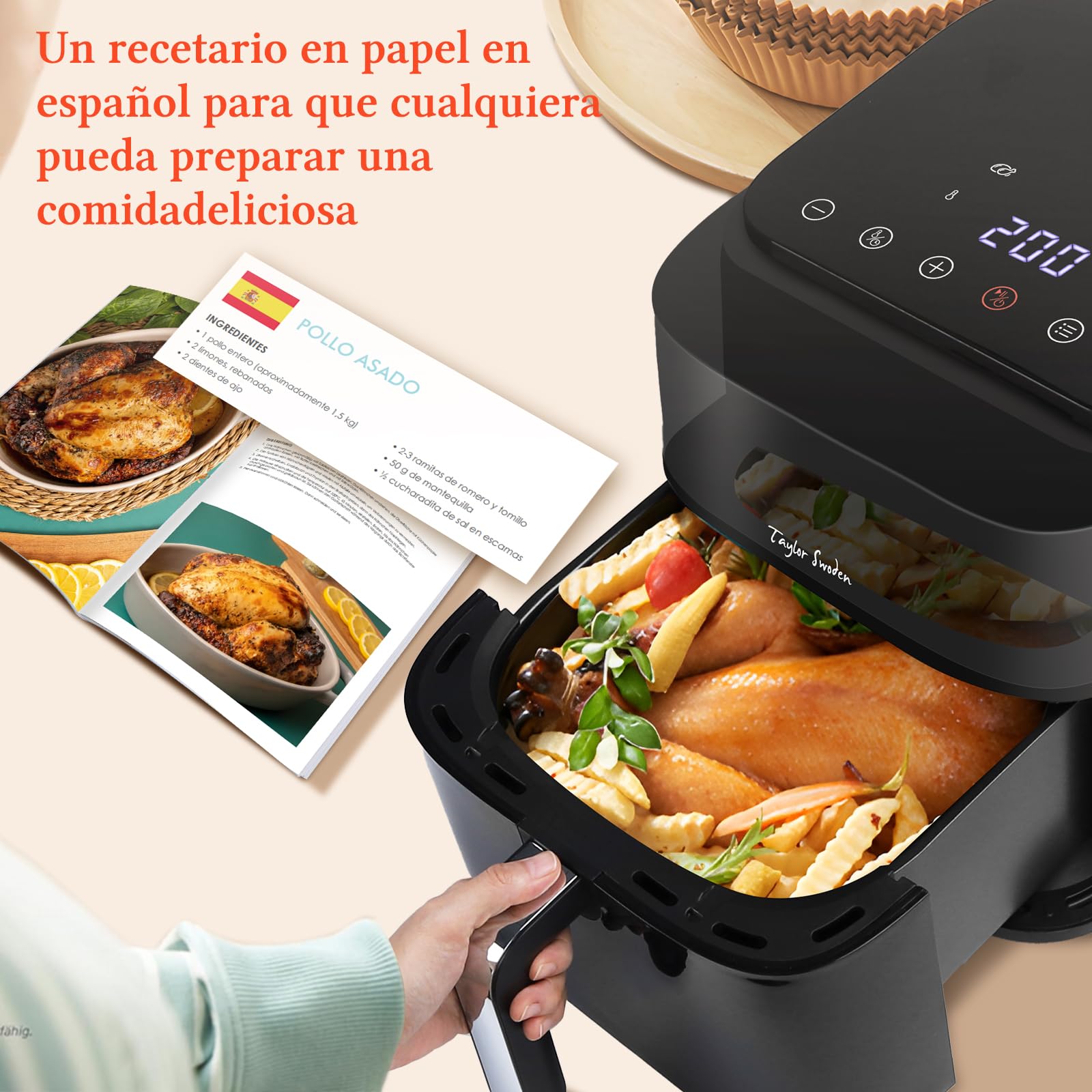Taylor Swoden Air Fryer 6.5L 1800W Freidora de Aire con Doble Resistencia, Ventana de Visualización, 8 Programas, Panel Táctil Digital, Interior Metálico, 14 Recetas Físicas, Capacidad para 8 Personas