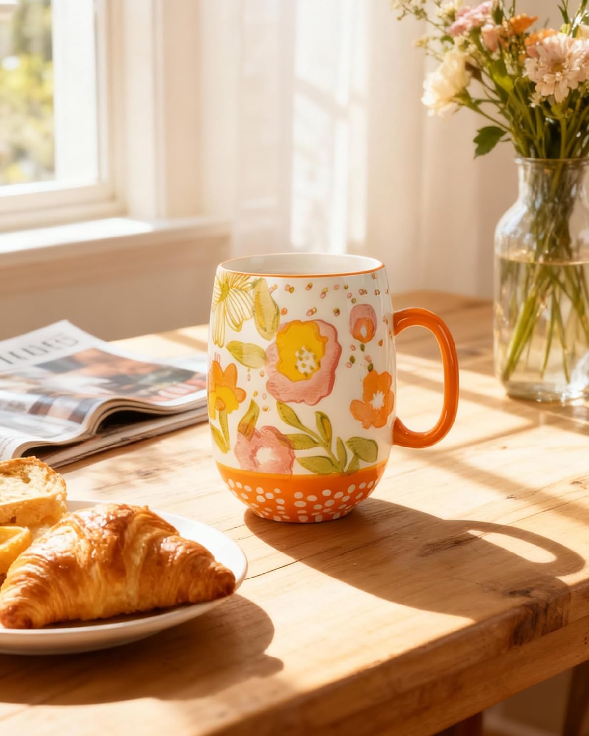 Large 24oz Ceramic Coffee Mug with Handle for Coffee or Tea, Hand-Painted Floral Pottery Mug for Women, Durable Microwave & Dishwasher Safe, Christmas Gift for Family, Holiday & Fall Decor