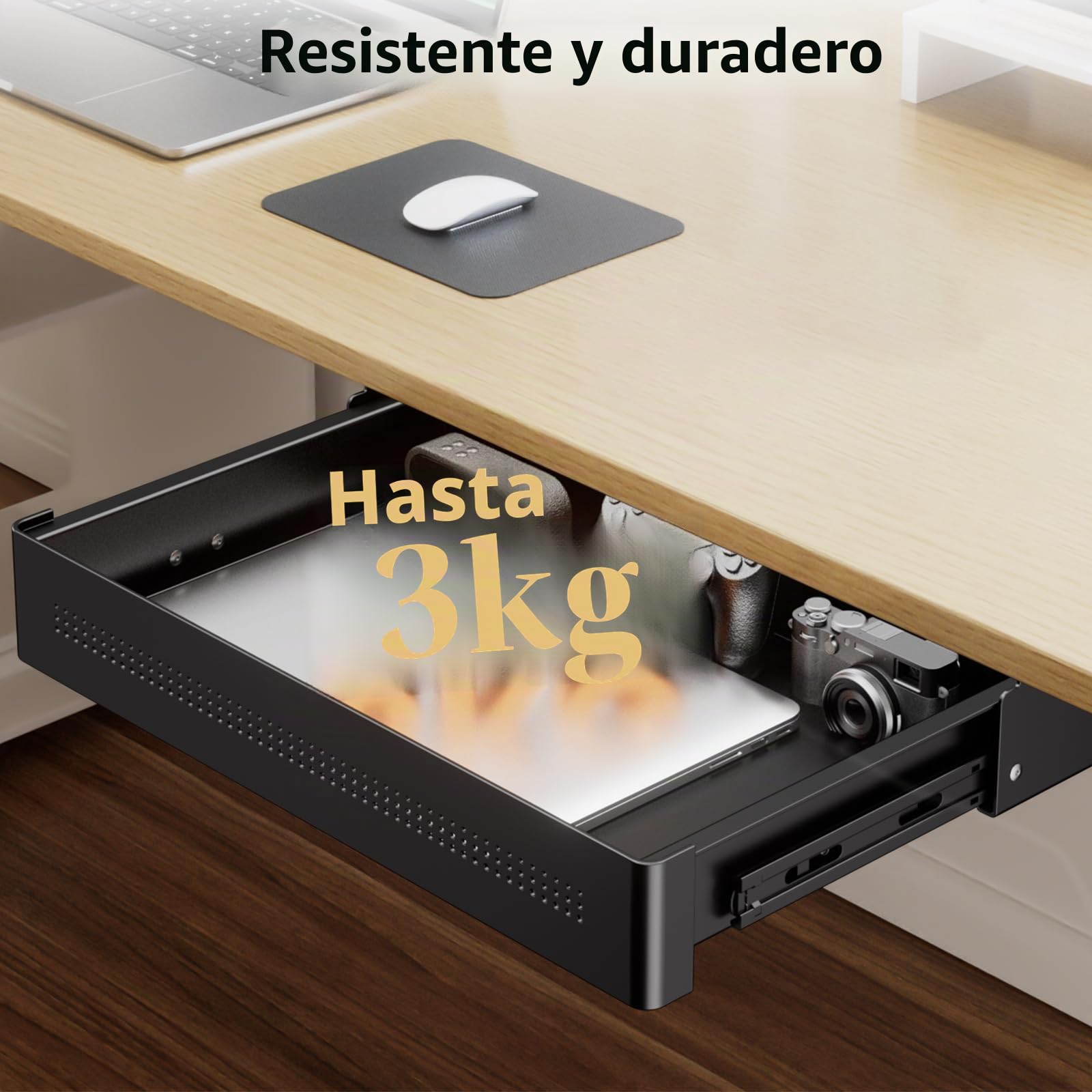 Cajón de almacenamiento bajo escritorio 40 cm de ancho – Organizador deslizante suave para escritorio regulable y oficina en casa, carga máx. 8 kg, deslizamiento silencioso, negro