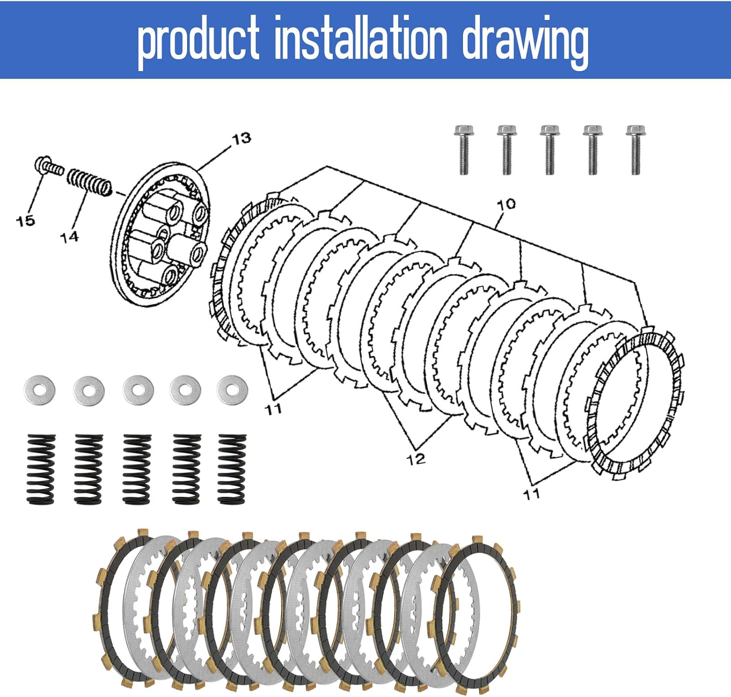 Clutch Kit & Friction Steel Plates & Heavy Duty Springs Gasket Compatible with Yamaha Big Bear 400 YFM400 Big Bear 350 YFM350FW/YFM350U Wolverine 350 YFM350FX Kodiak 400 YFM400FW