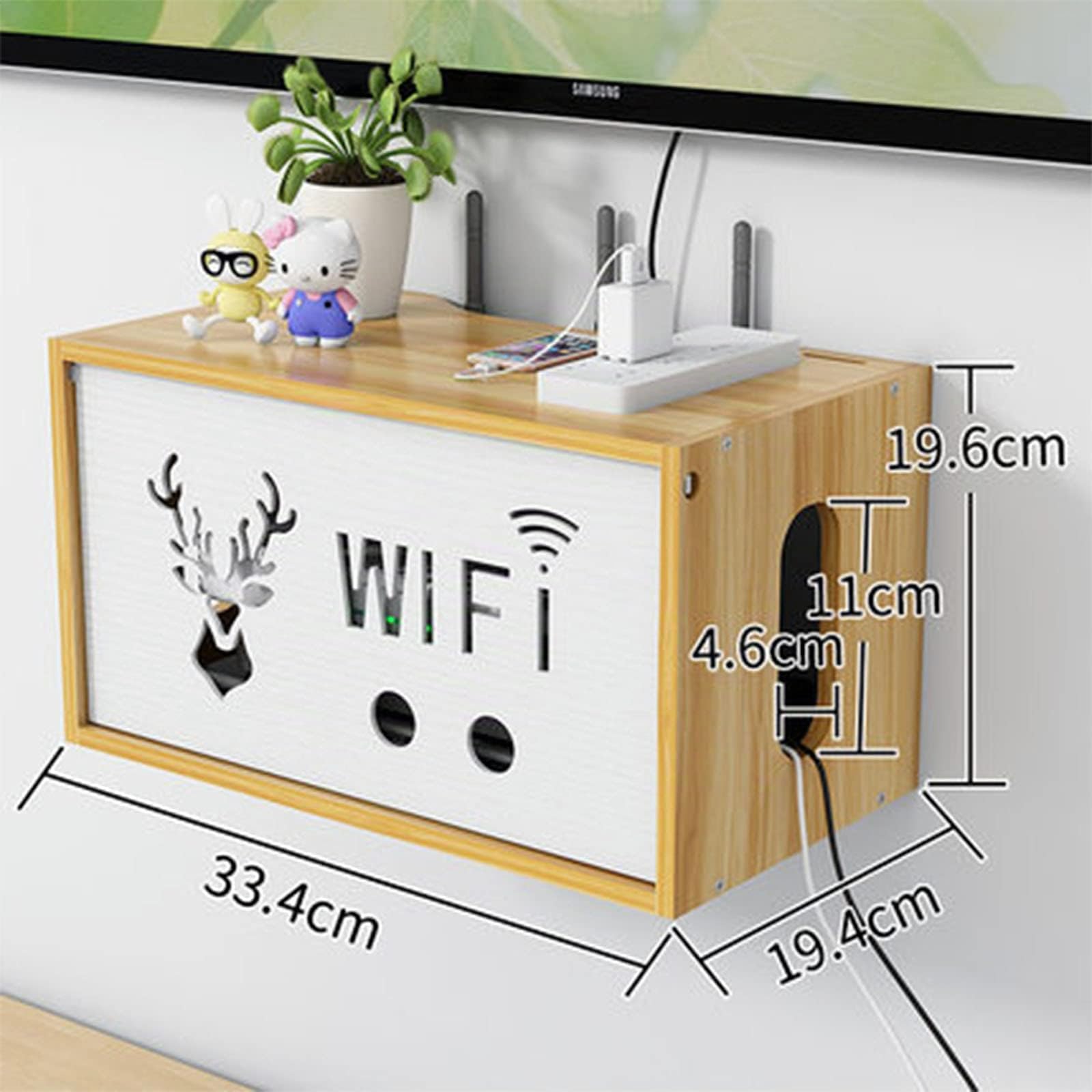 Wand Montage WiFi Router Aufbewahrungsbox Holz, Router Regal, WLAN Box, Kabel Verstecken, Kabelmanagement Schreibtisch, 34 * 19 * 19cm