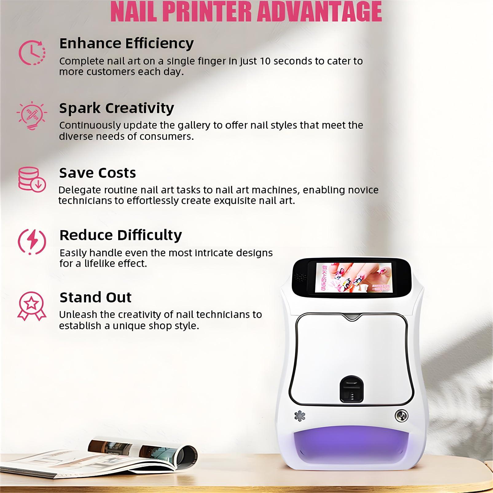 Imprimante numérique pour Nail Art avec Plus de 1 000 Images, Machine Professionnelle de Nail Art 3D pour Salons de Coiffure, Compatible Wi-FI/DIY/USB, 33 x 24 x 18 cm