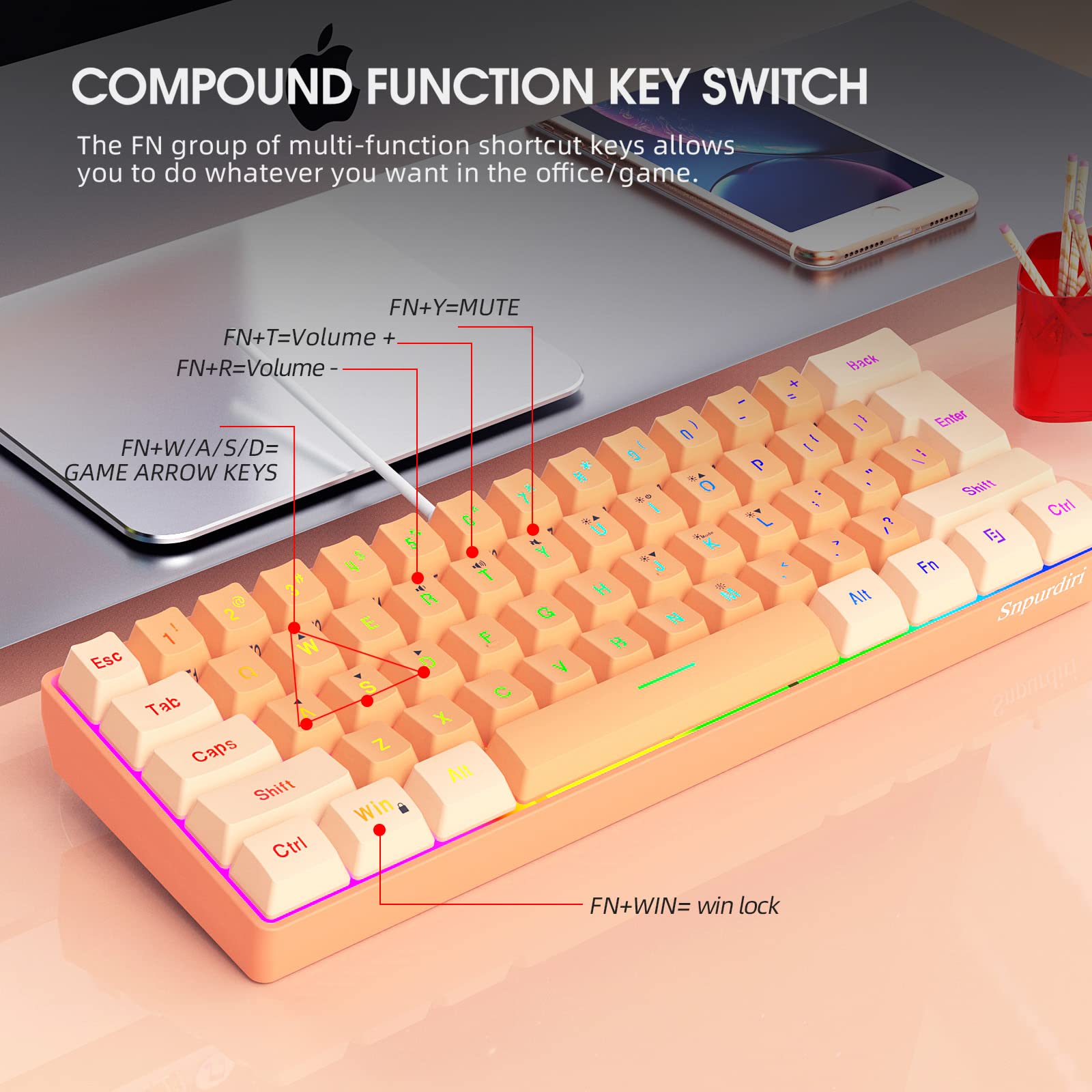Snpurdiri 60% Wired Gaming Keyboard, RGB Backlit Ultra-Compact Mini Gaming Keyboard for PC/Mac Gamer, Typist, Travel (Cream and Orange) view 8