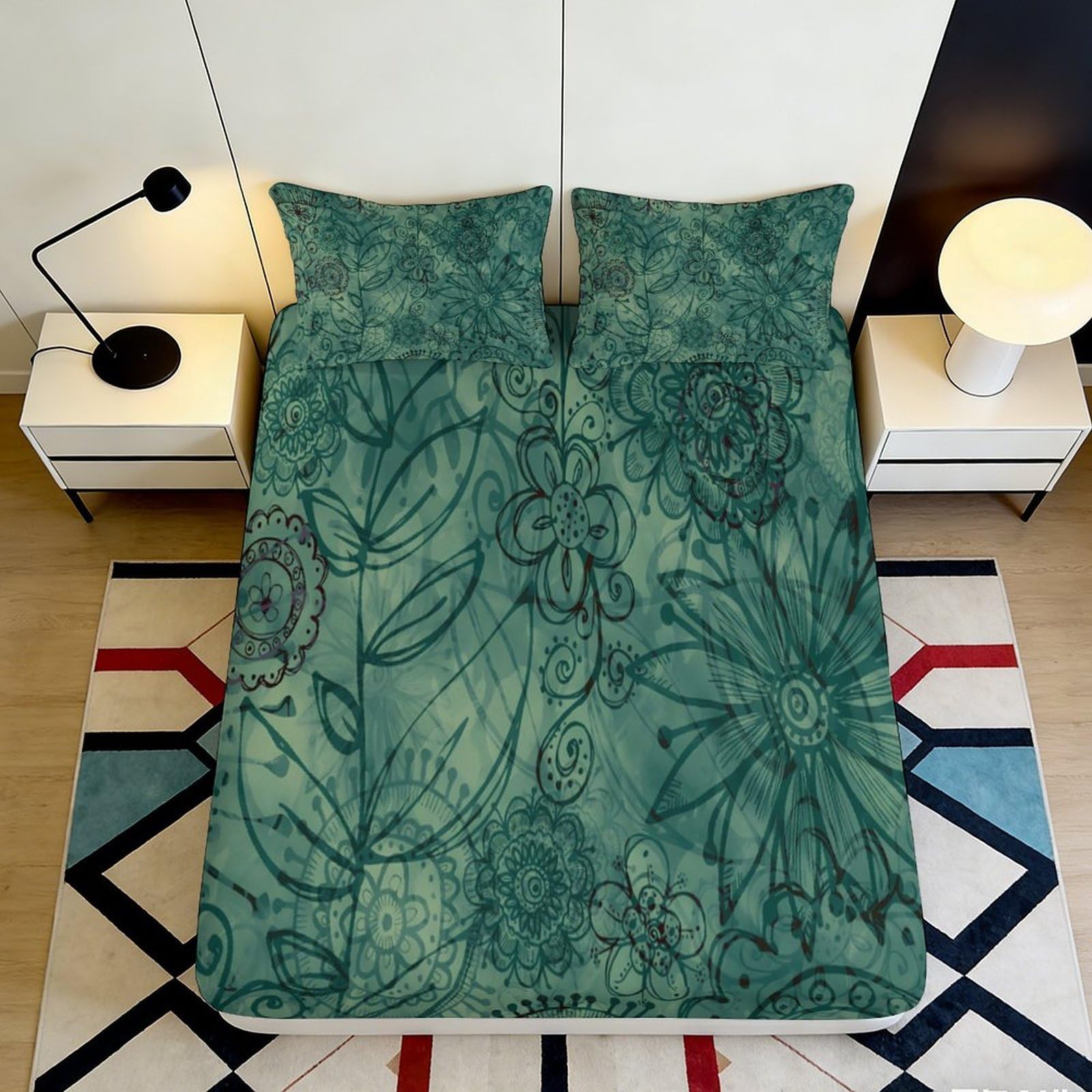 3D Printed Botanical Floral Fitted Sheet Microfiber Soft Green Abstract Flower Mattress Cover for Bedroom Guest Room 120x200x25cm