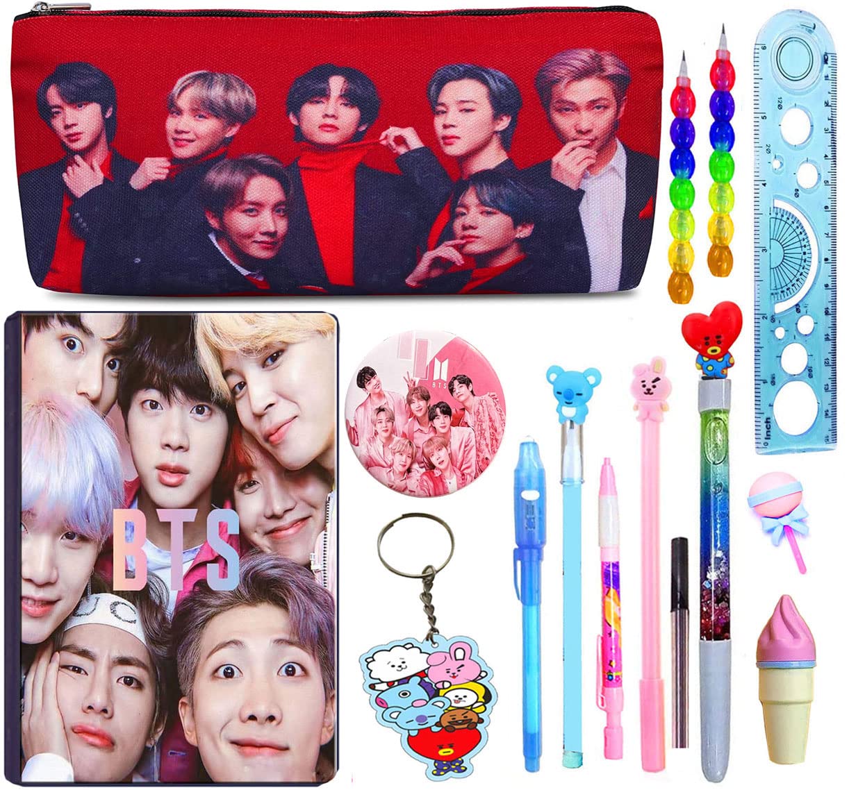 KOBBET 15pcs BTS Theme School Stationery Gift Set for Kids, BT-21 Army Theme Pencil Case, Diary, Pen, Pencil, Eraser All Stationery Return Gift, Birthday Gift, Christmas Gift, New Year Gift (Style 7)