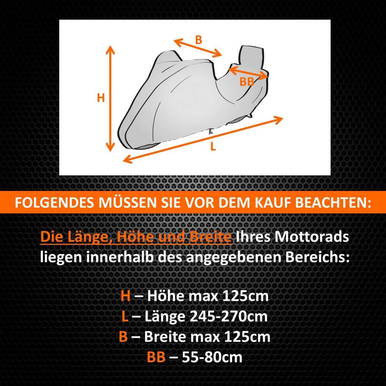 Motorrad Abdeckplane Motorradabdeckung Motorradgarage Chopper mit Box 245-270 cm Grau Wasserfest & Extrastark Outdoor Abdeckplane gegen Regen Schnee Wind UV-Strahlung Laub und Anderen Schmutz
