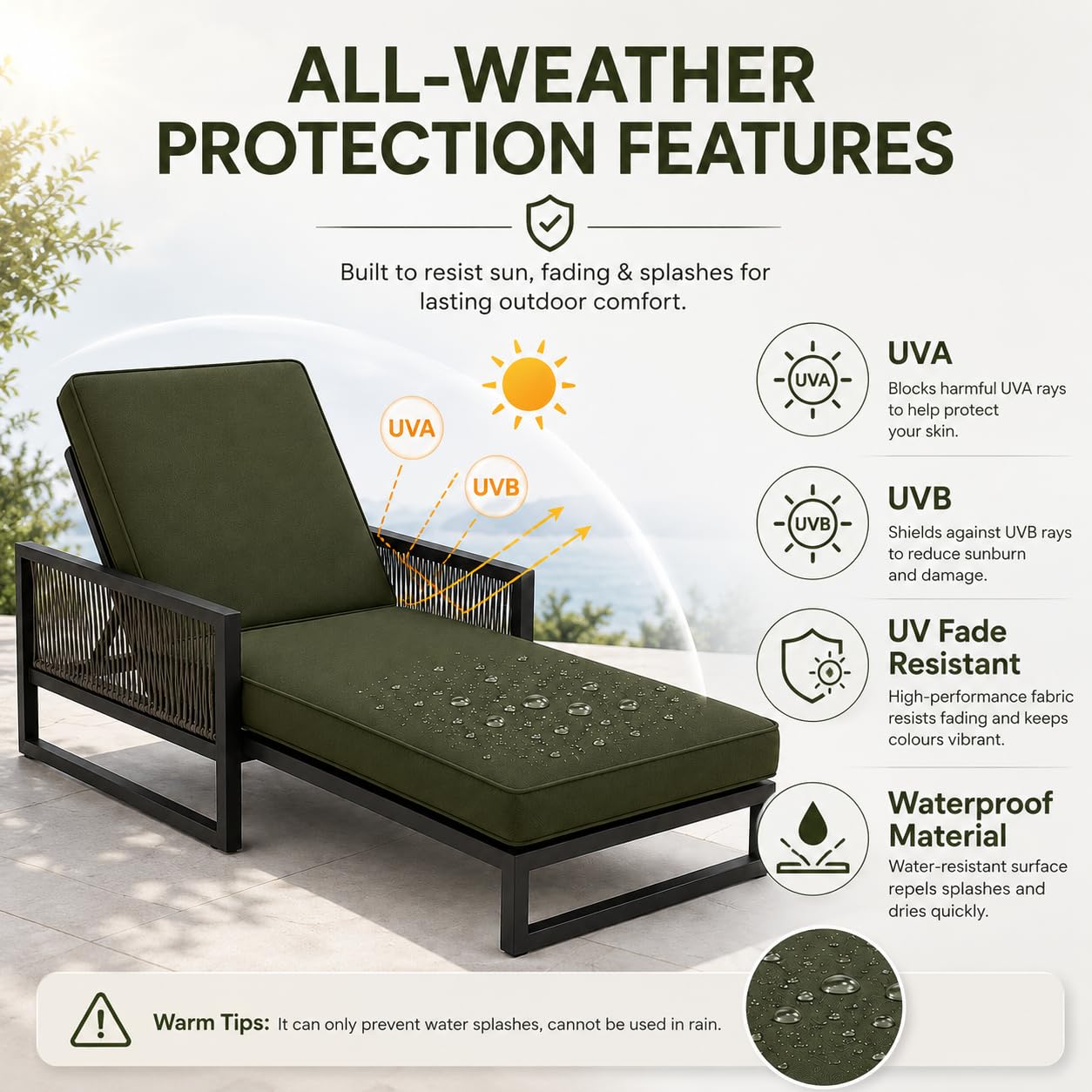 Cojin Tumbona, Cojines Tumbonas Jardin Exterior Impermeables, Colchoneta De Espuma 50D para Silla Terraza con 6 Cintas De Sujeción Y Doble Ribete,Offwhite,188x58x6cm