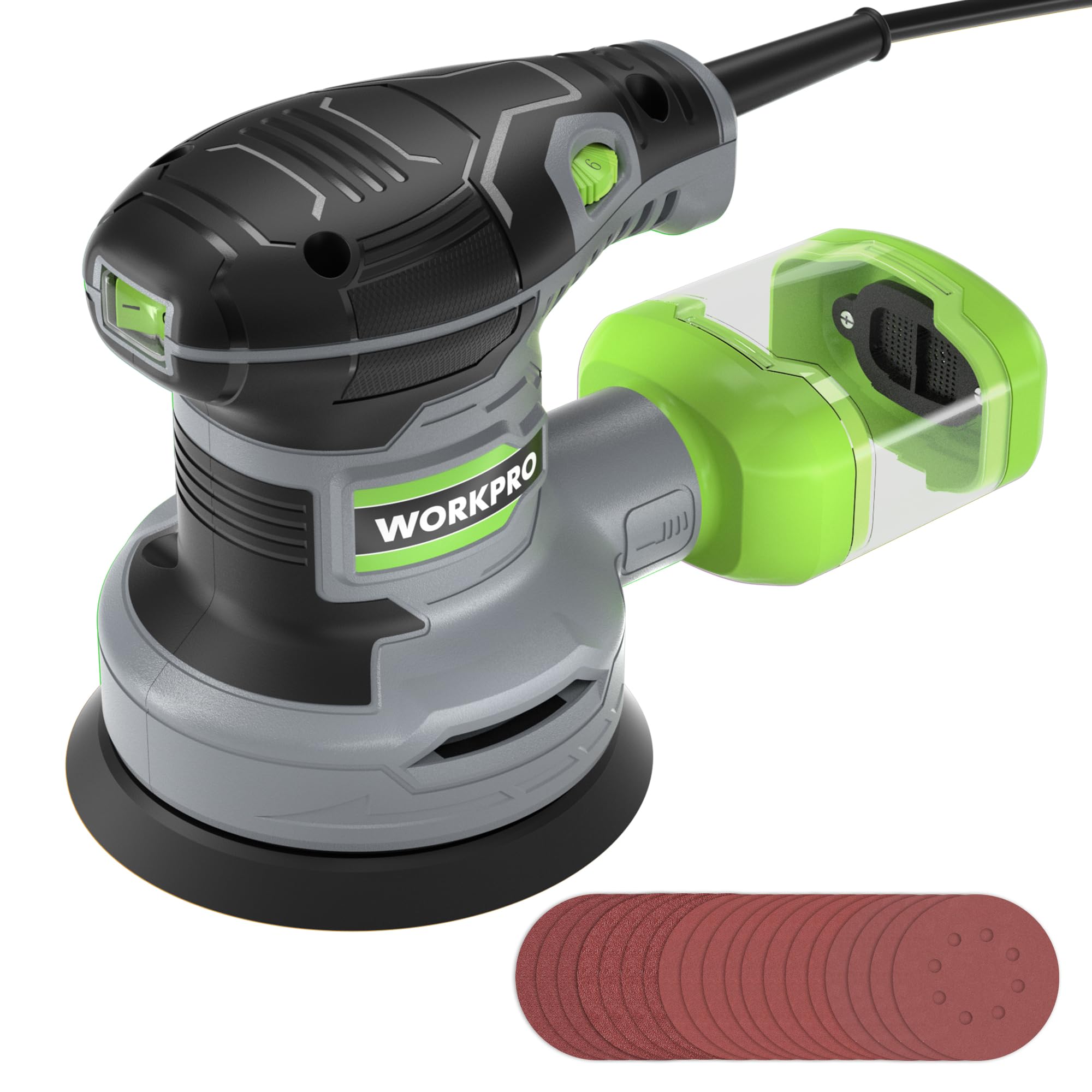 Workpro Orbital Sander With 20Pcs Sandpapers, 300W 125Mm Random Orbit Sander, 6 Variable Speed 13000 Rpm, Electric Sanding Machine With Dust Collection Box, For Sanding, Polishing, Woodworking
