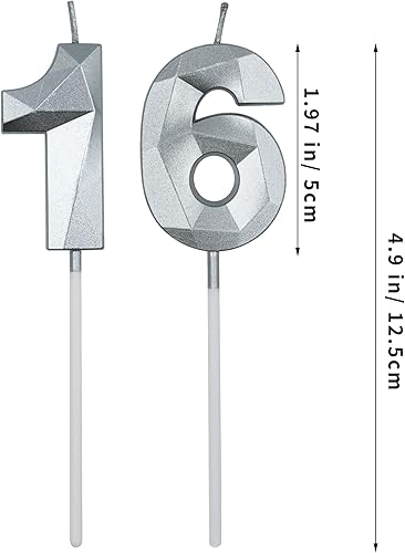 Miniatura 2 de Velas de cumpleaños número 16 y 61 para tartas, velas plateadas con forma de diamante 3D, decoración de cumpleaños, suministros de fiesta para
