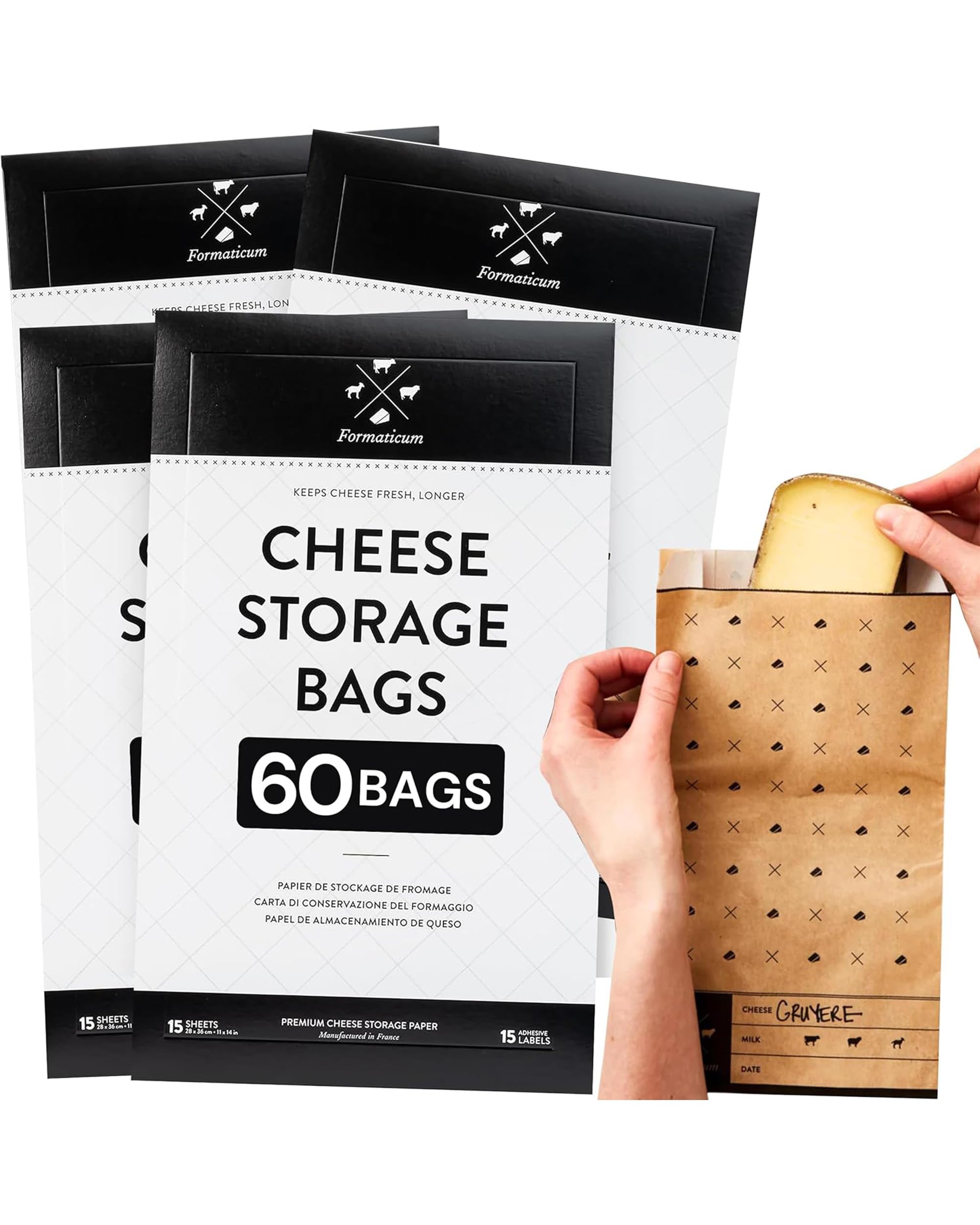 Formaticum Aufbewahrungsbeutel für Käse, 6,25 x 11, 60 Stück | Wachspapier, professionelle Qualität, poröses braunes Papier, aus Frankreich