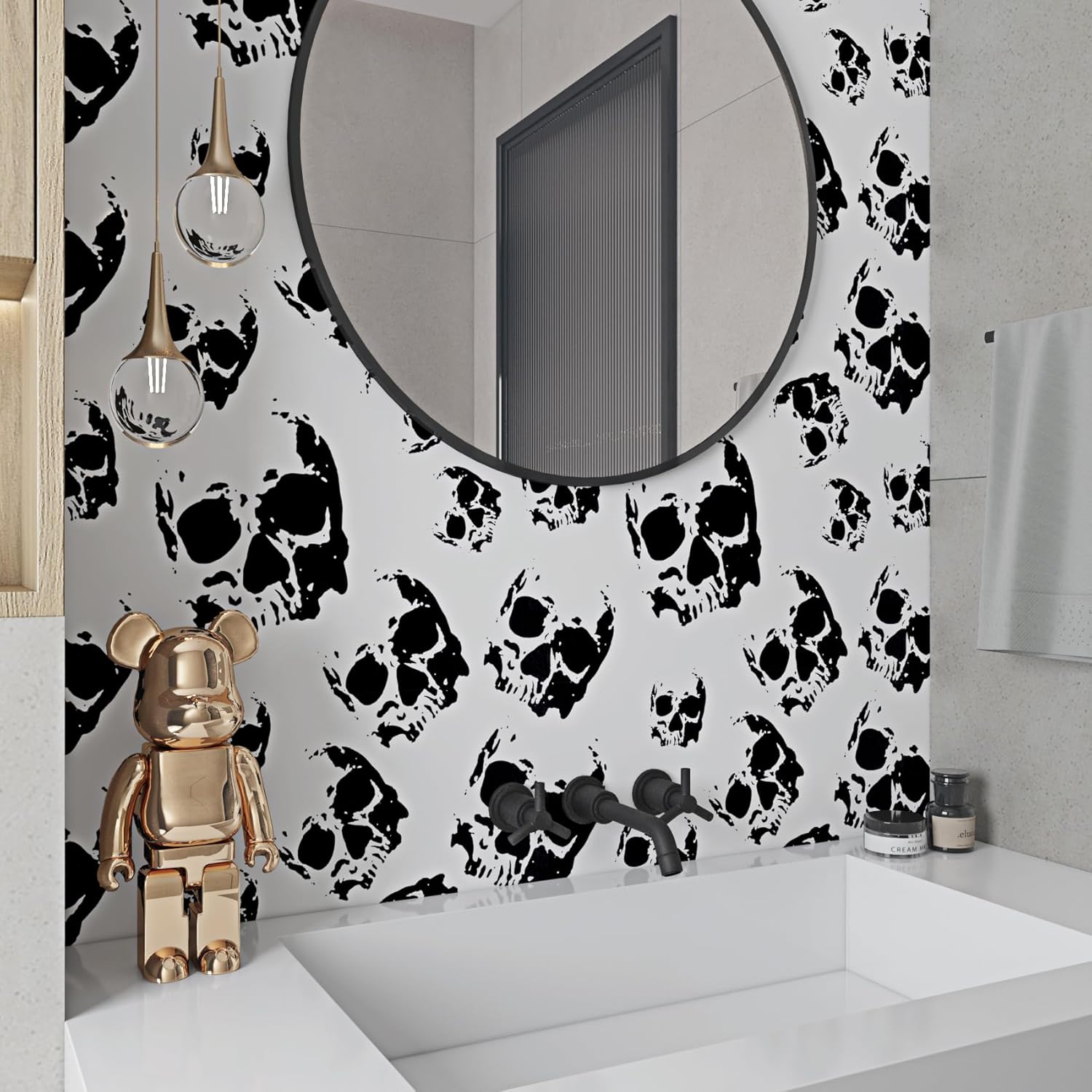 ReWallpaper 17.5in×23ft Black Skull Peel and Stick Wallpaper Self Adhesive Gothic Removable Wallpaper Black and White Skulls Contact Paper for Cabinets Bedroom Scary Halloween Wall Decor Vinyl Sticker