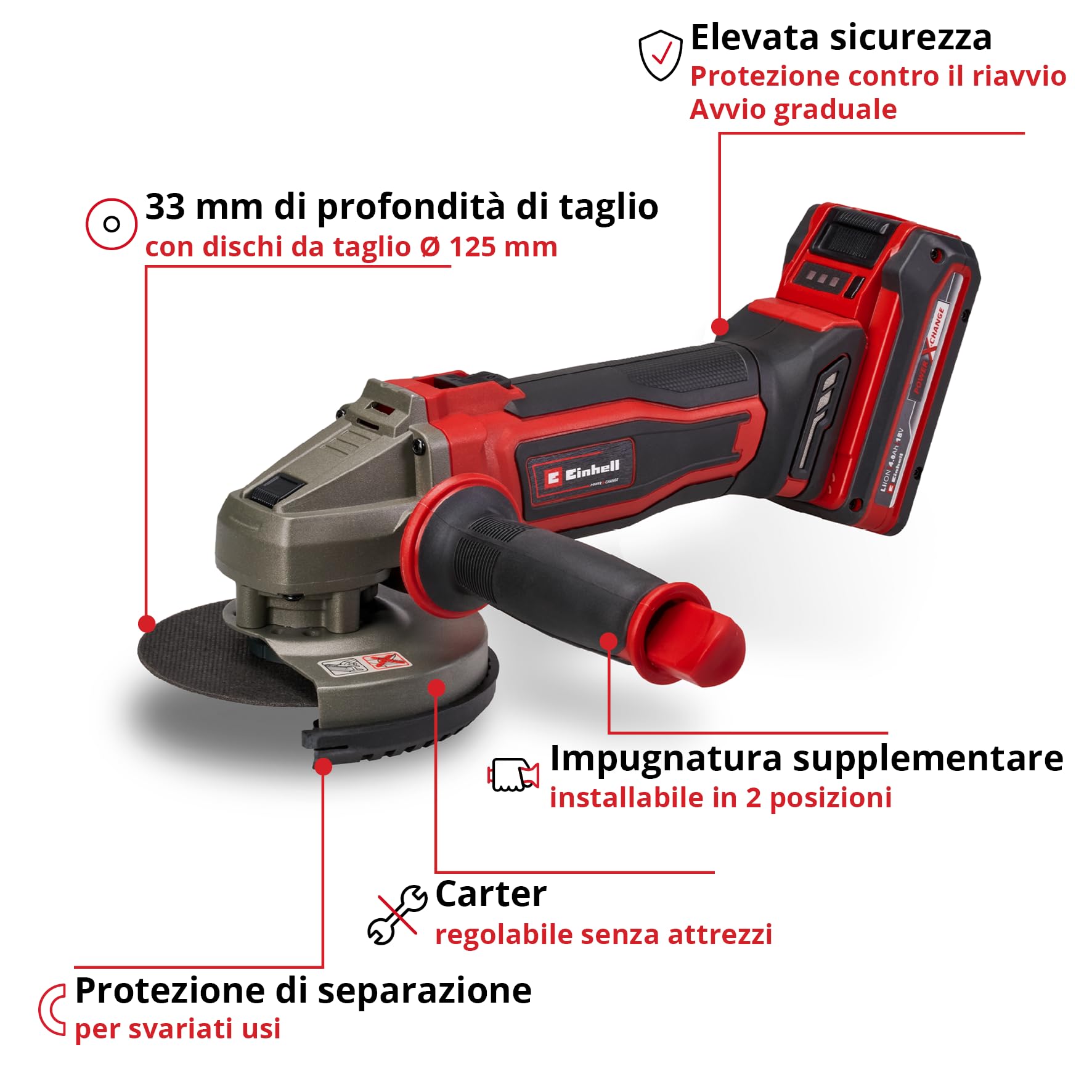 Einhell Smerigliatore angolare a batteria TE-AG 18/125-2 Li (1x 4,0 Ah) Power X-Change (18 V, 44 Nm, mandrino autoserrante da 33 mm, 20 livelli di coppia, incl. 2 batterie 4,0 Ah + caricabatterie)