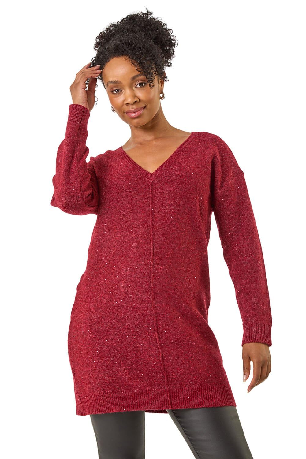 Roman Petite Sparkle V-Neck Knit Jumper for Women UK - Ladies Everyday Autumn Winter V-Neckline Comfy Soft Evening Vacation Work Party Night Out - Petite Wine - Size 14
