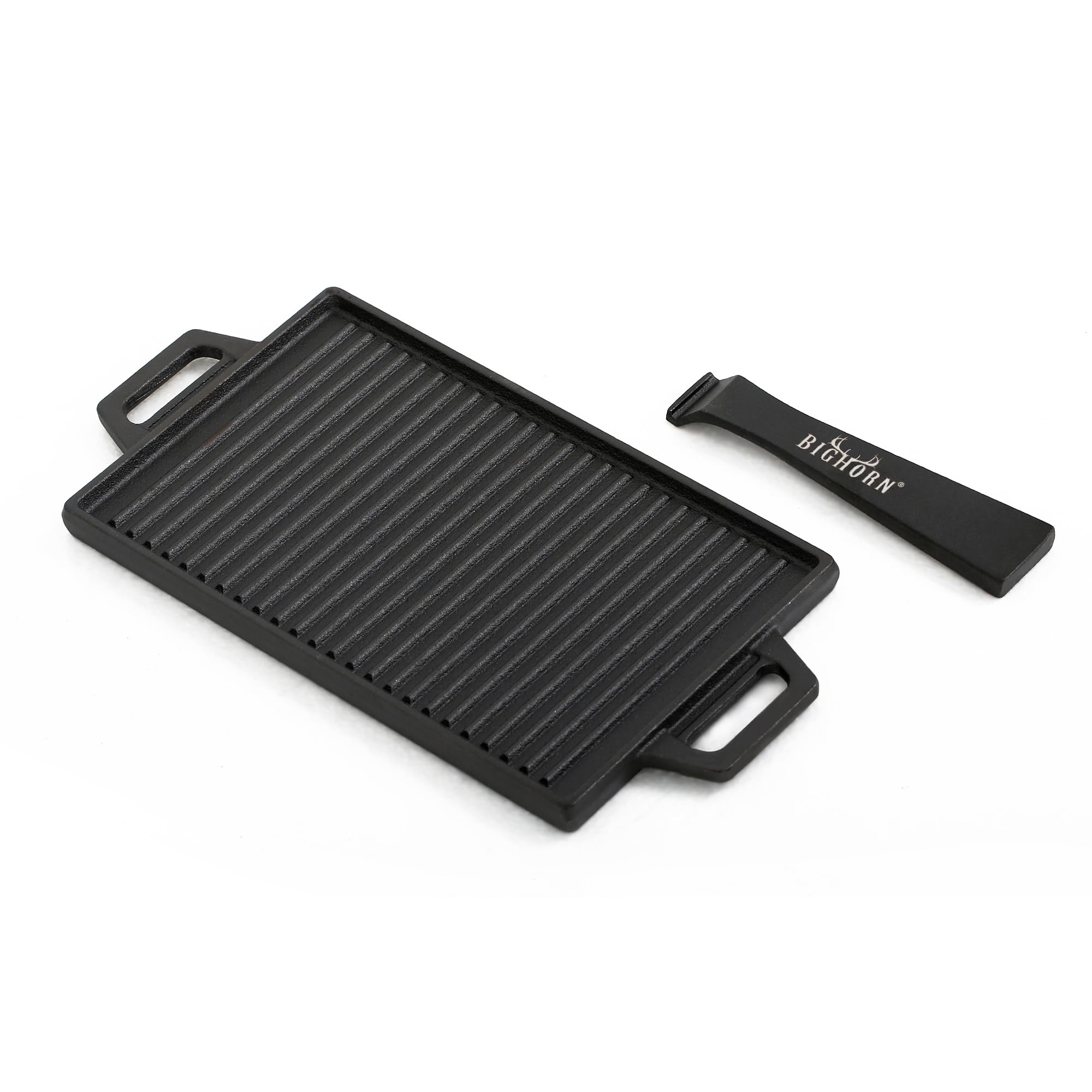 BIG HORN OUTDOORS Cast Iron Griddle Reversible Griddle Flat Top Grill Plate with Handle (12.6”×6.2”)
