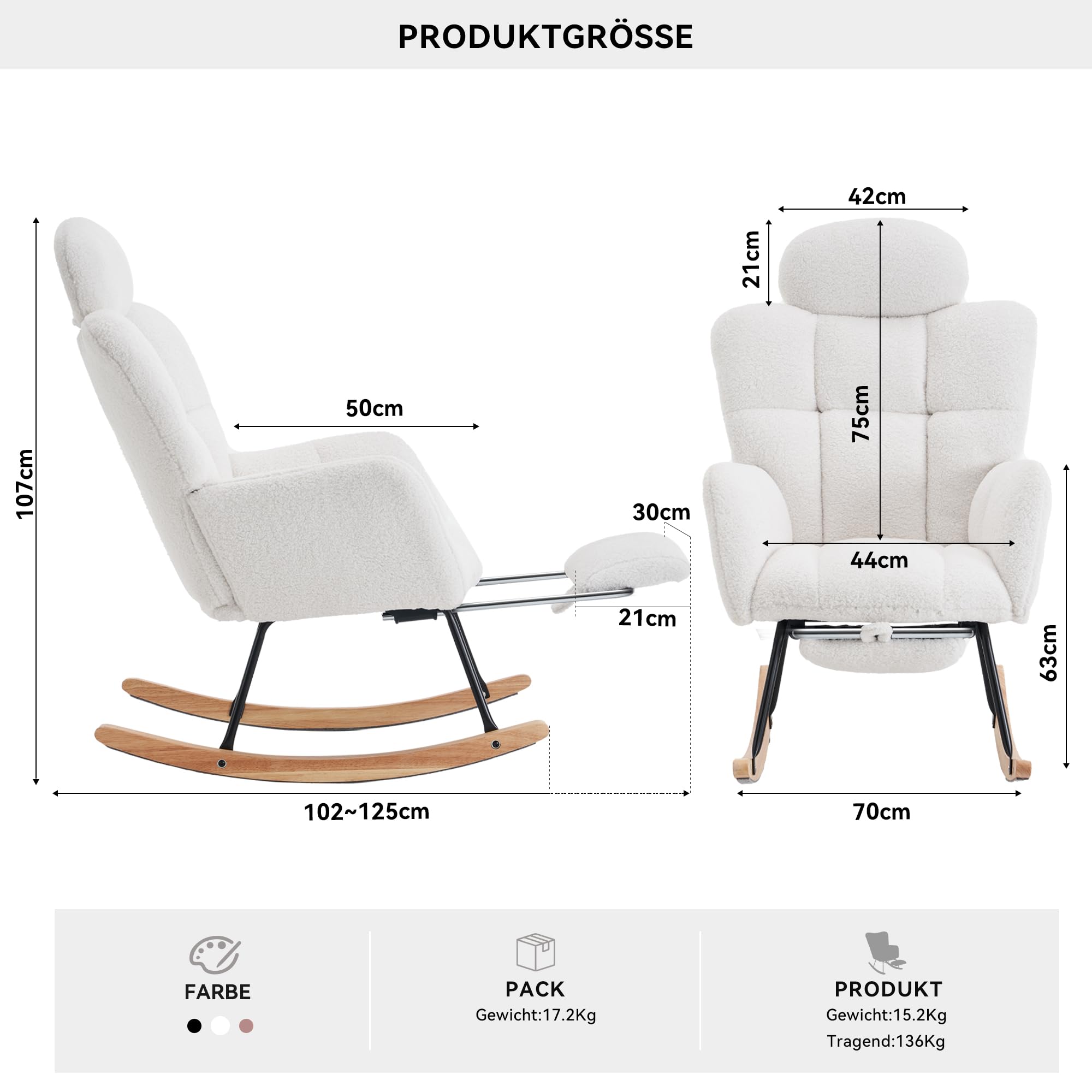 DEKKETO Teddy Stillsessel Schaukelstuhl mit Fußstütze und Kopfstütze, Weiß