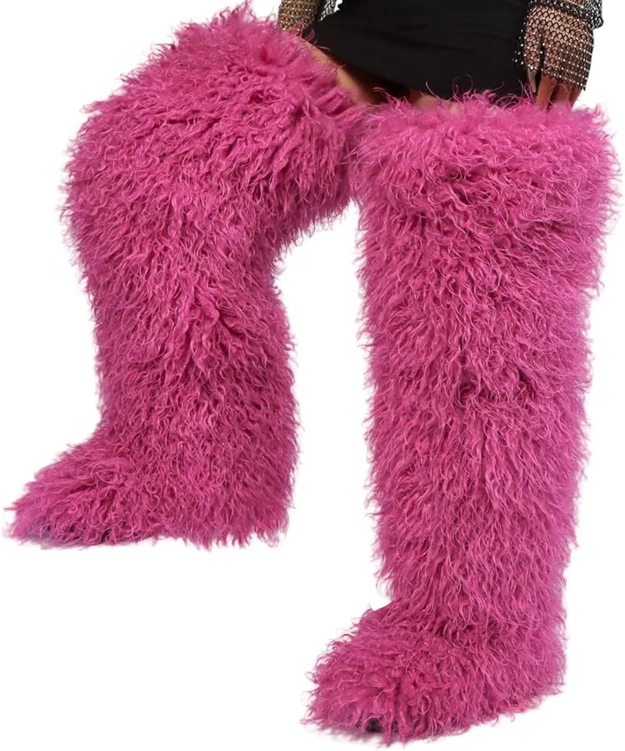 Over the Knee Fur Boots for Women,Tall Furry Thigh-high Boot for Girls,Fluffy Faux Fur Boots,Flat