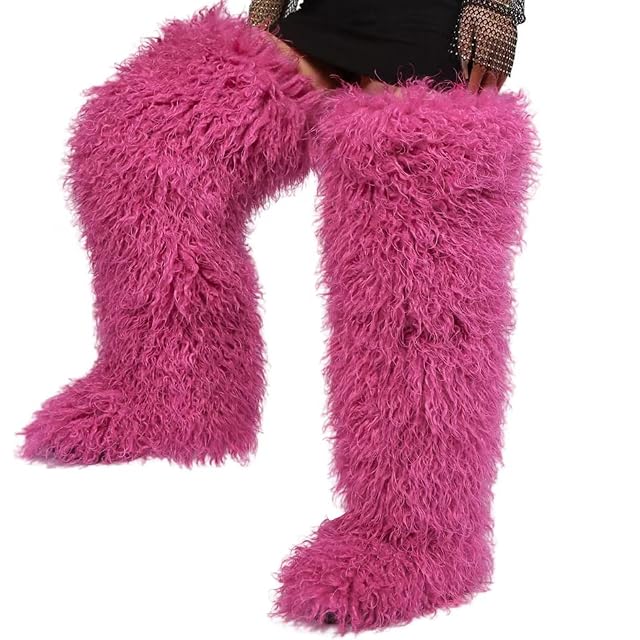 Over the Knee Fur Boots for Women Tall Furry Thigh-high Boot for Girls Fluffy Faux Fur Boots Flat