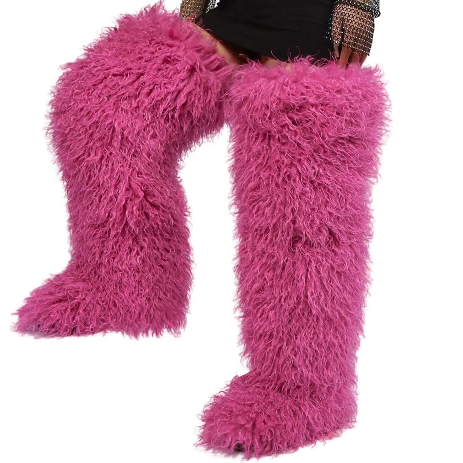 Over the Knee Fur Boots for Women Tall Furry Thigh-high Boot for Girls Fluffy Faux Fur Boots Flat