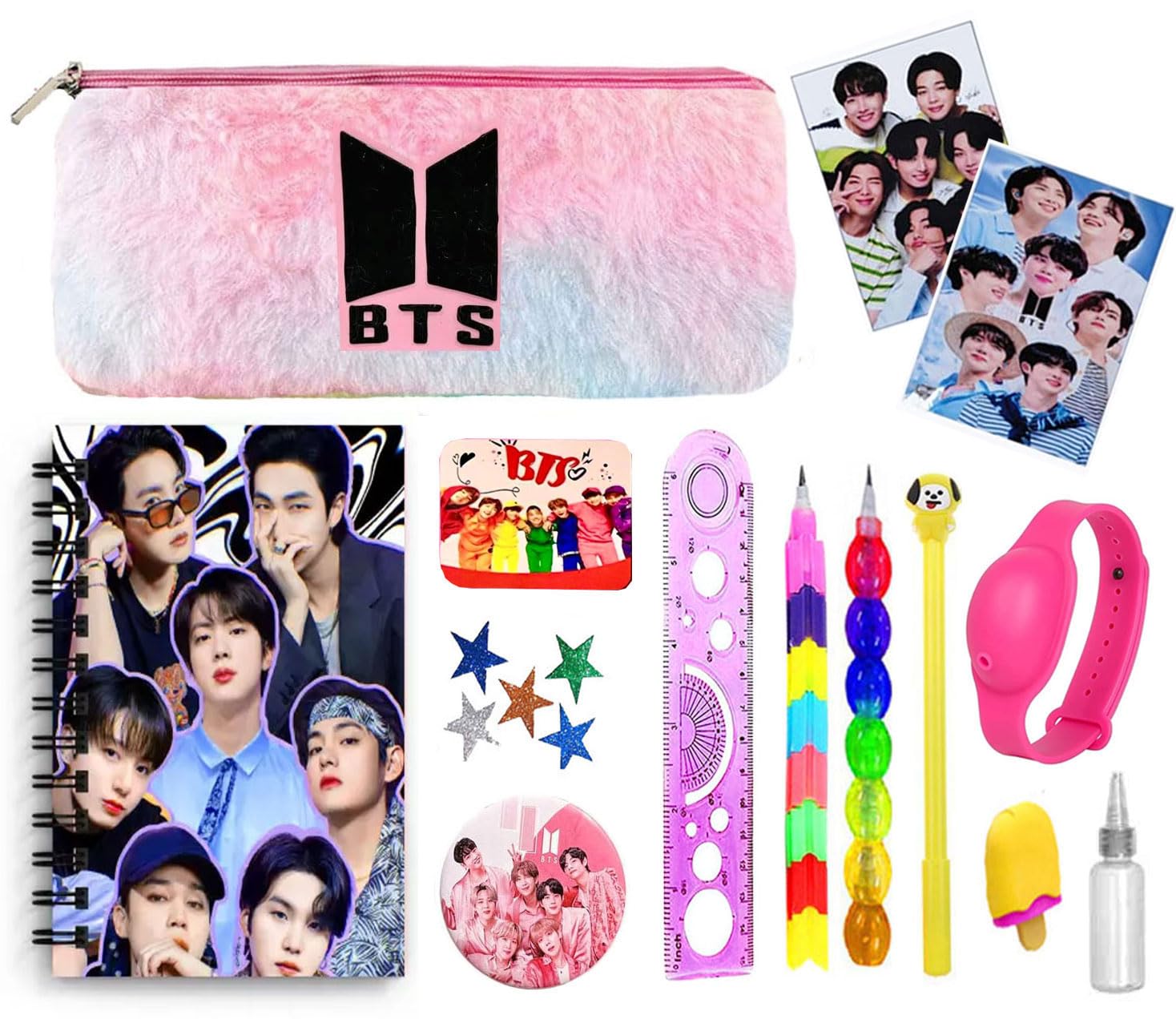 KOBBET® BTS Stationery Set for Girls, Fur Pouch, Diary, Party Favor Gift Set, Rakshabandhan Gift, A5 Spiral Diary, 001