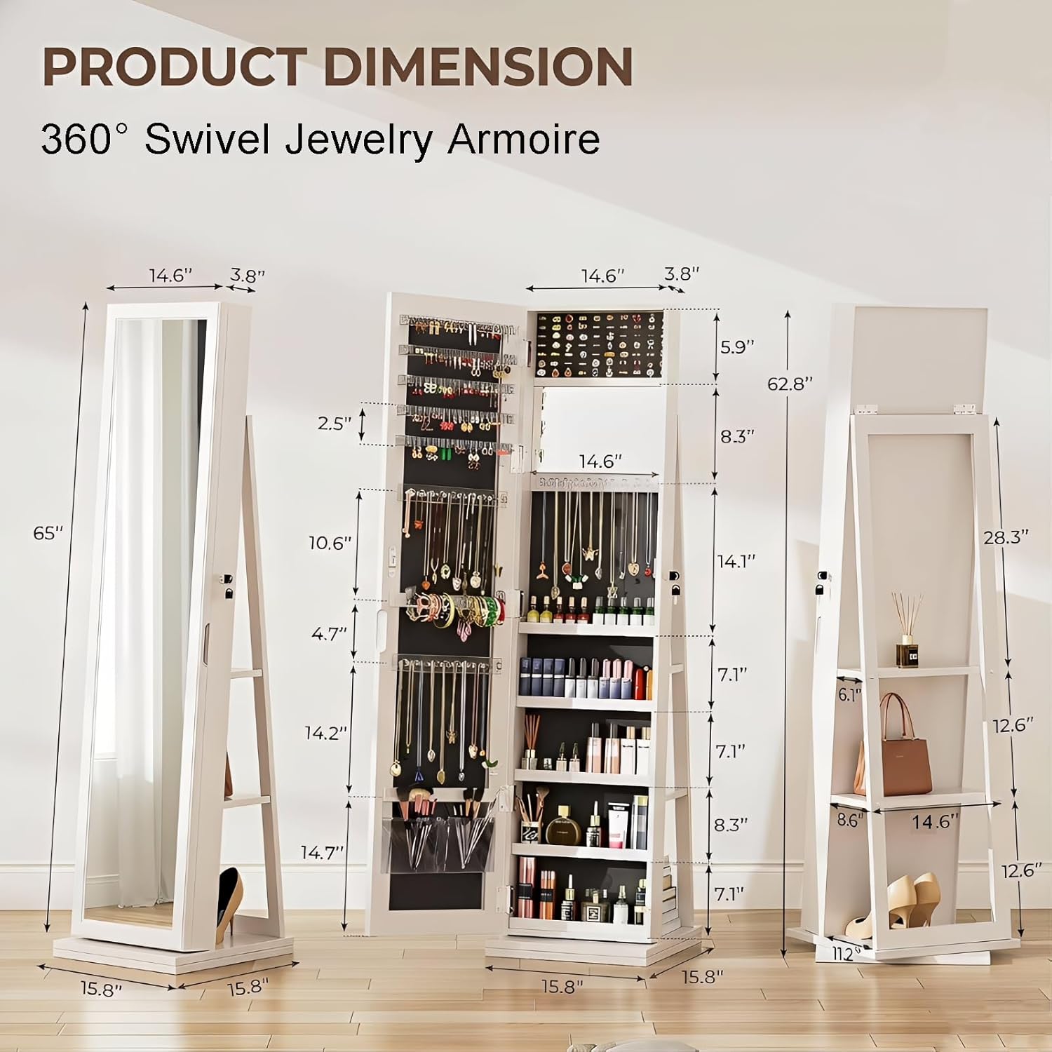 Bextsrack 360° Swivel Jewelry Armoire with Full-Length Mirror, Lockable Standing Jewelry Organizer Cabinet with Interior Mirror & Rear Storage Shelves, 65" Floor Mirror Jewelry Storage (White)