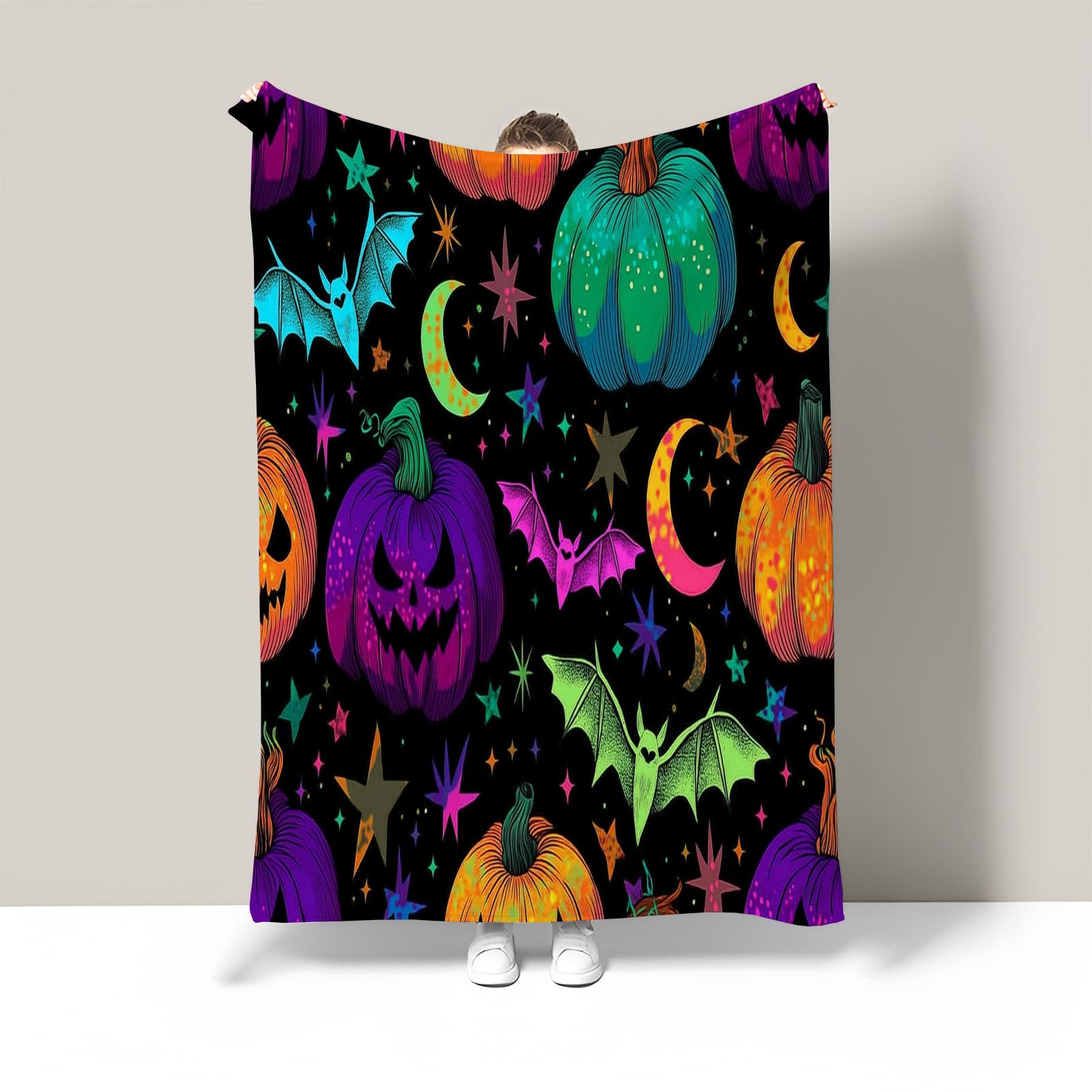 Coperta Zucca Pipistrelli Per Divano Sedia, Morbidi Coperte Plaid Con Cielo Stellato Di Halloween Flanella, Caldo Peluche Morbido Copriletto Letto, Regalo Colori Al Neon Decorazione Casa, 220X240Cm