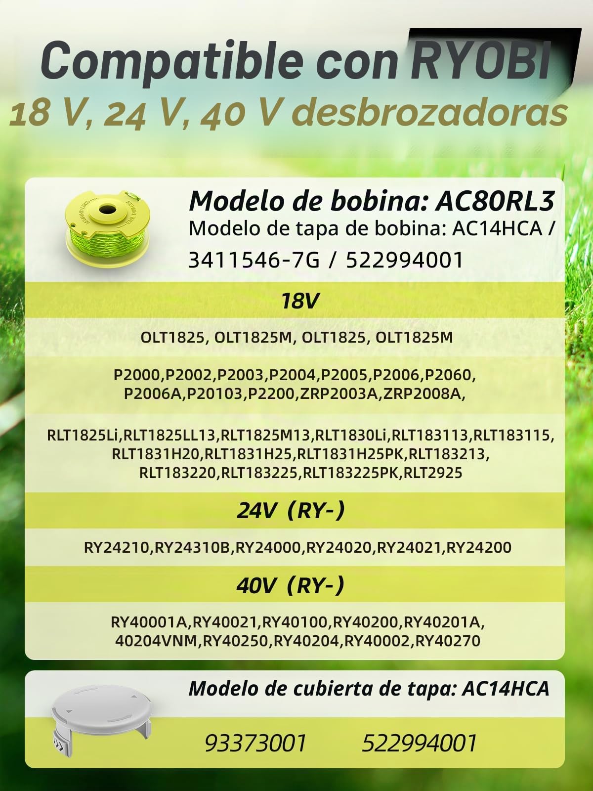 YWTESCH 9 Piezas Bobina Hilo Line de Recambio Compatible con Ryobi One + 18V 24V 40V Desbrozadora,Ø2.0mm y 3.4m de Longitud,Contiene 9 Piezas Bobina de Recambio y 2 Piezas Tapas de Recambio
