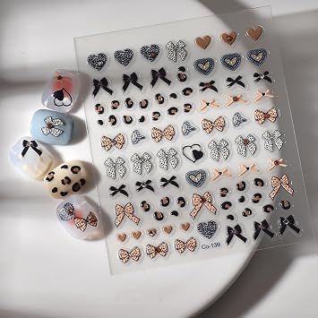 Bow Nail Stickers Leopard Print Nail Decals for Nails Art with Heart Design 5D Embossed Self Adhesive Nails Art Stickers Charms Supply for Women Girls Kid Manicure DIY Decorations