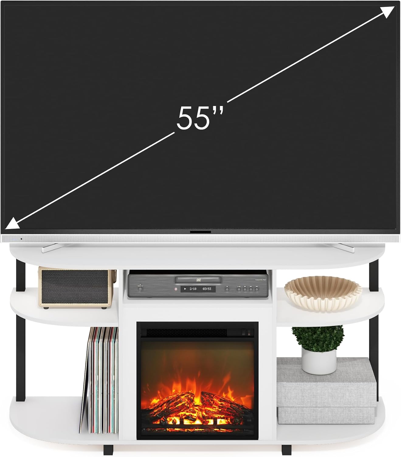 Furinno Jensen Fireplace TV Stand, Curved Entertainment Center, TV Console for TV up to 55 Inch with Fireplace and Open Storage, for Living Room, Bedroom, Solid White