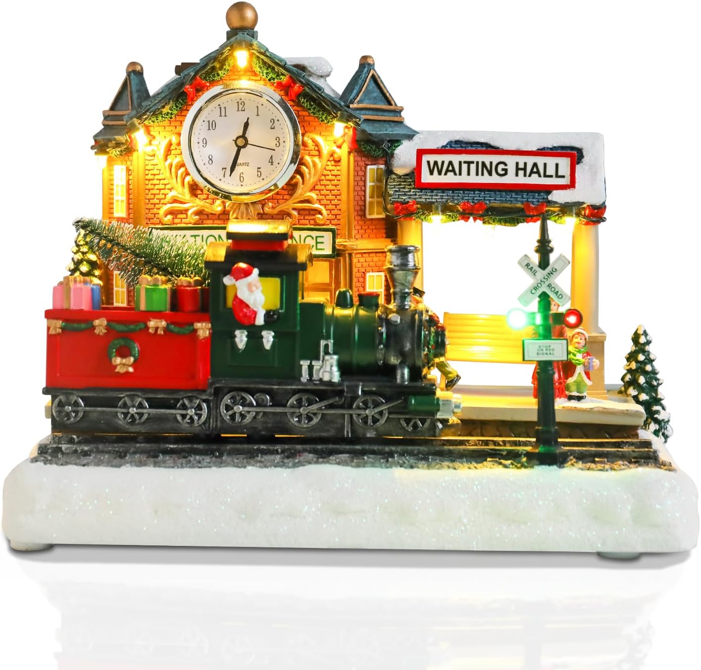 VCUTEKA Animated Christmas Village Houses, Lighted Musical Christmas Village Train Station with Santa, Victorian Xmas Village Collectible Building for Holiday Table Display or Home Décor