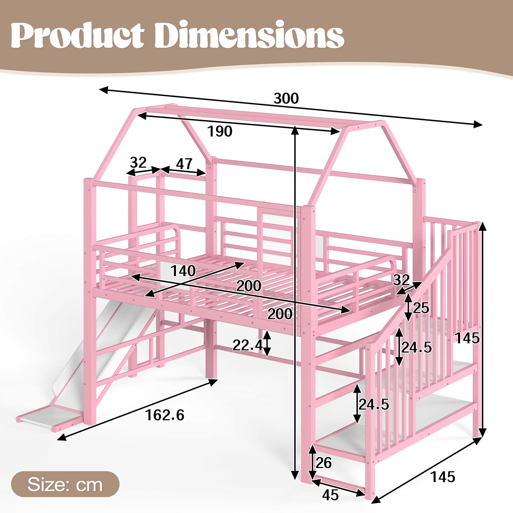 Lit Mezzanine Enfant 140x200 cm avec Toboggan, Grand Lit Cabane avec Escalier de Rangement, LED Bluetooth, Penderie, Barrières de Sécurité, It Superposé Métal Rose