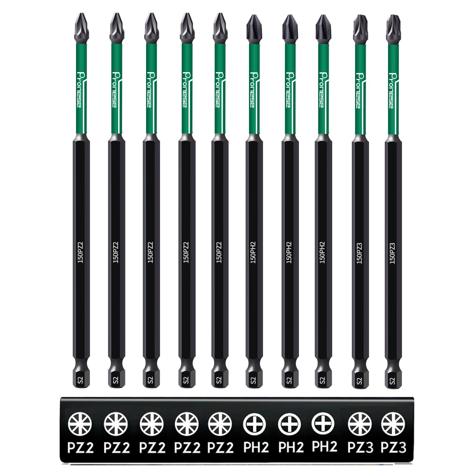 Pronese 10 pcs 150 mm PZ2 & PH2 & PZ3 Magnetic Impact Driver Bits, Long S2 Steel Magnetic Drill Bits, Black and Green, (5*PZ2