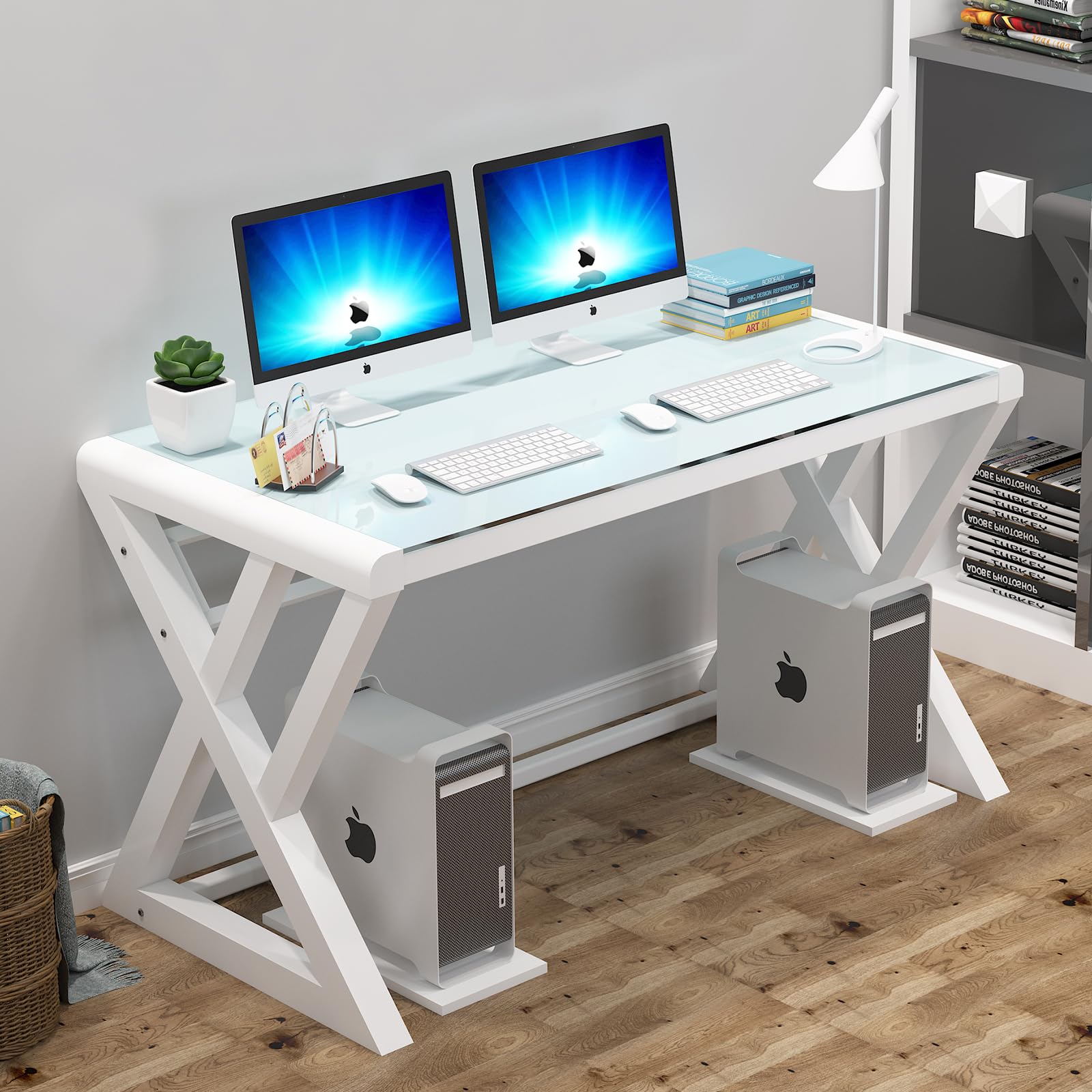 Oprisen 55.1" Glass Top Computer Desk, White