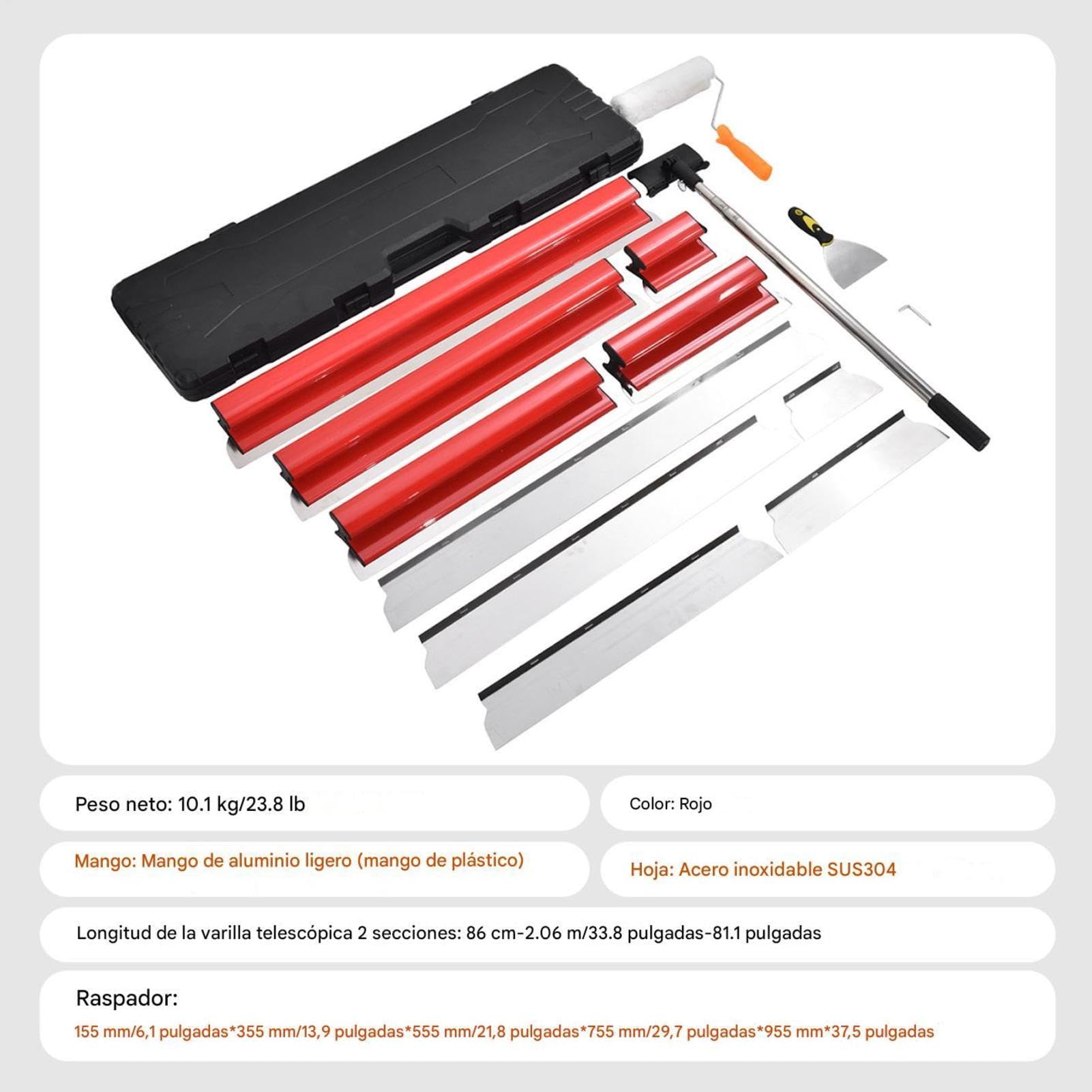 Llana para alisar paredes telescópica juego de espátulas con mango extensible 86-207 cm y 10 tamaños de cuchilla (155-955 mm), mango ergonómico Z, para pladur y pintura – incluye rodillo Rojo