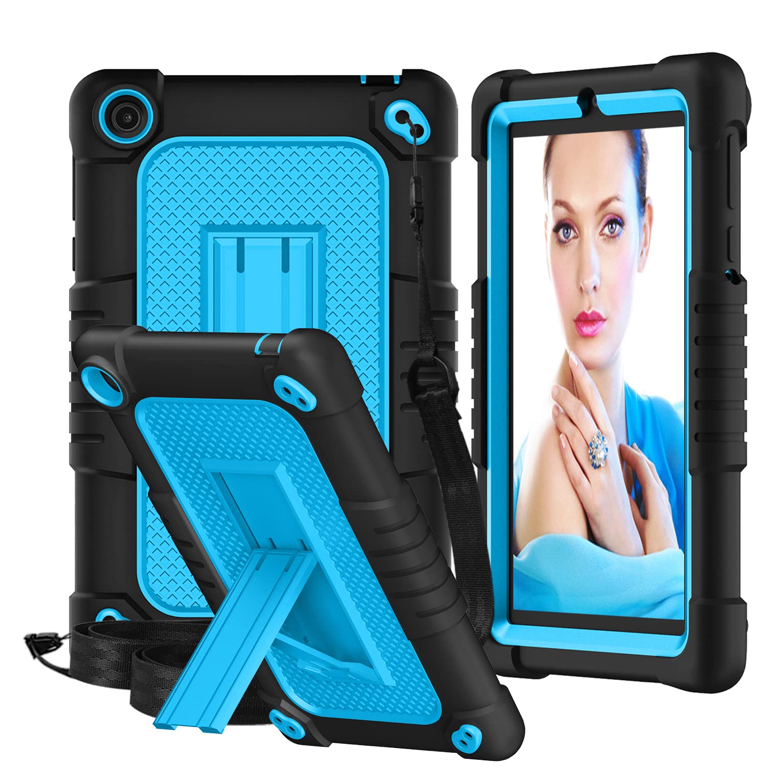 Kebiory for Walmart Onn 7 2022 Model Gen 3 7 inch/for Walmart Onn 7 3rd Gen 100071481 Case,Shockproof Kids Friendly Shoulder Strap Stand Shell,for Walmart Onn 7 Inch 3nd Gen Tablet (Black/Blue)