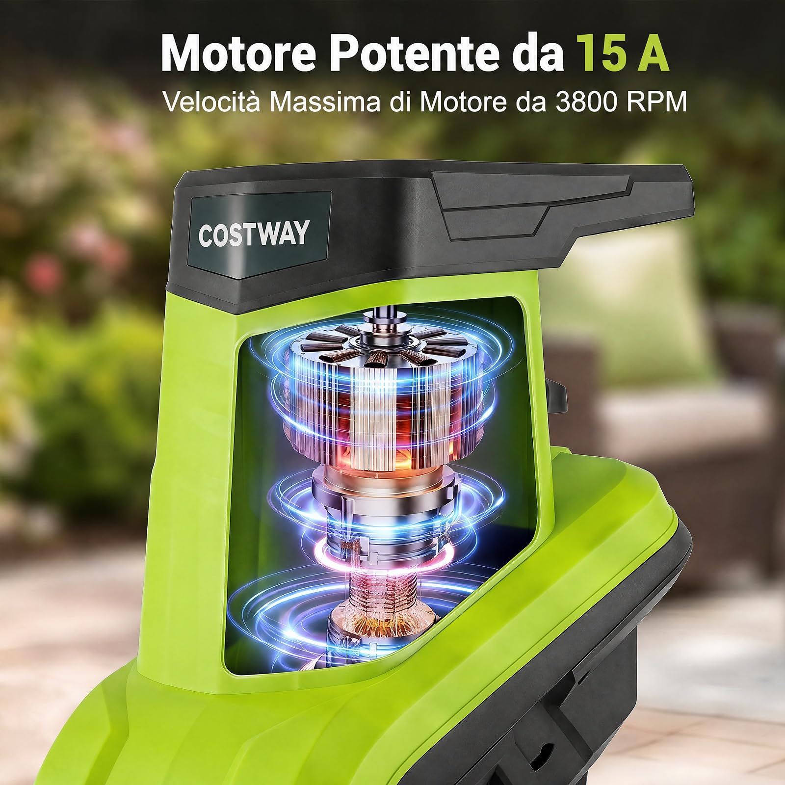 COSTWAY Biotrituratore Elettrico 2500 W, Cippatore Trita Legno (Verde) | Trinciatrice da Giardino a Rullo per Rami e Arbusti 45 mm con Sacco 50 L, Lame a Doppio Taglio, Pala Spingirami e Maniglia