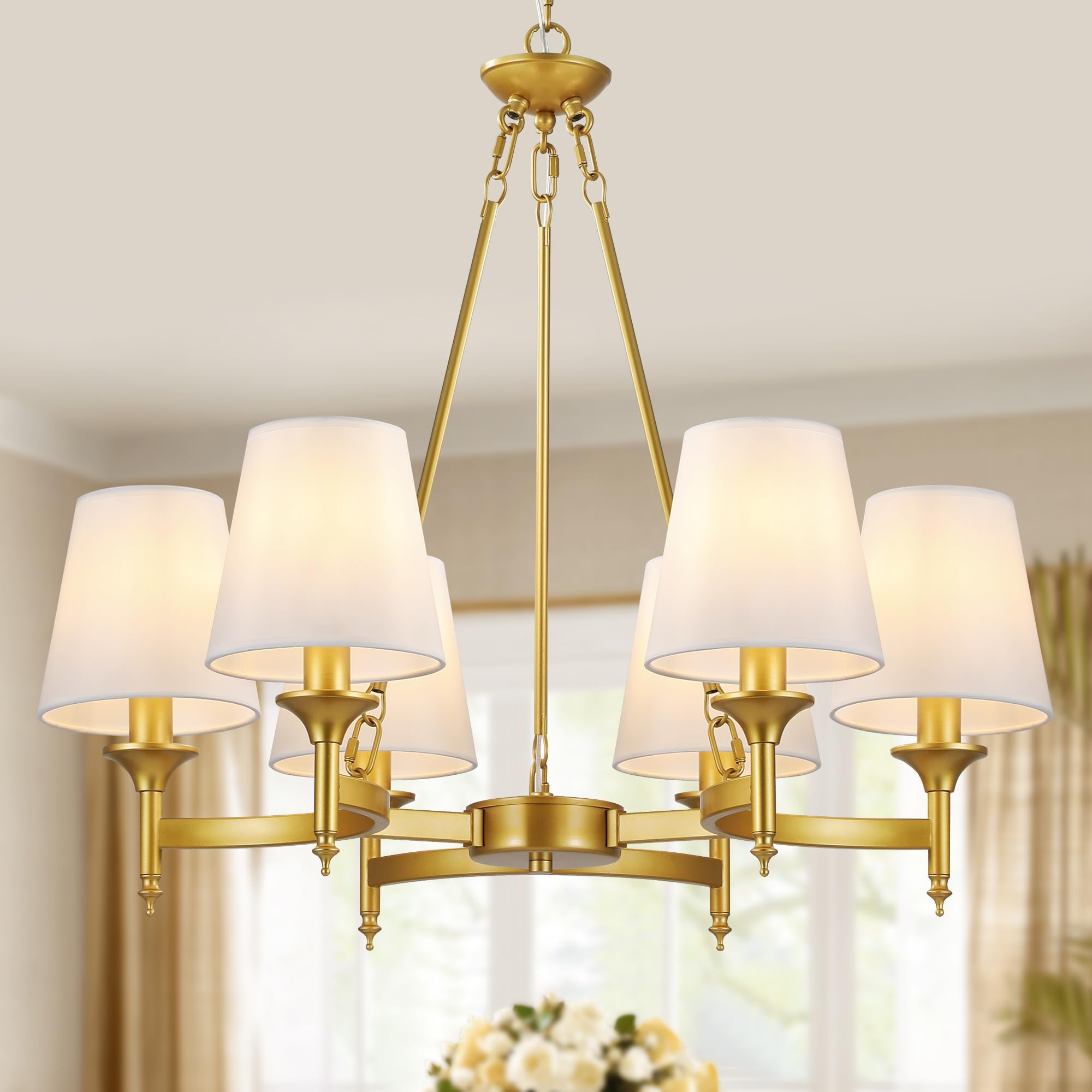CNRATYE Gold Chandelier with White Shades, 6-Light Modern Farmhouse Chandeliers for Dining Room, Rustic Round Hanging Light Fixture for Kitchen Island Bedroom Office Living Room Entryway