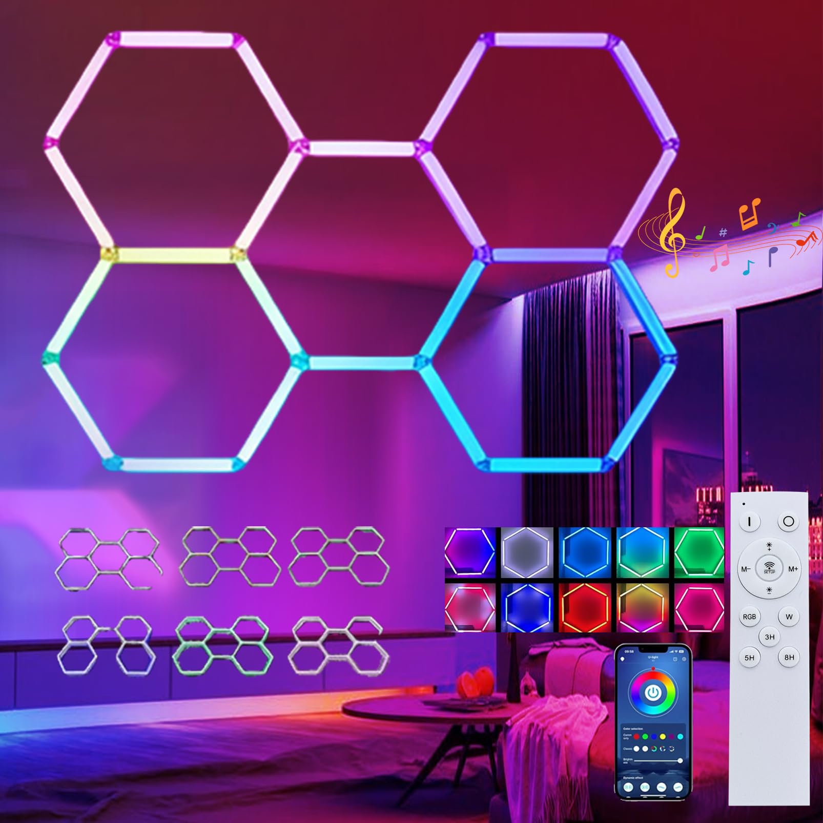 Plafonnier LED Hexagonal RGB Lampe de Garage LED Hexagonale Couleur pour Garage 360 Modes De Couleur Musique De Entrepôt, Salon De Beauté Automobile,RGB,5 Hex