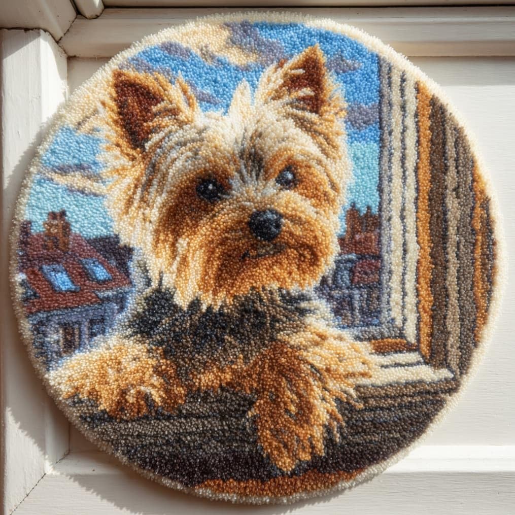 kitphoenix DIY Latch Hook Rug Kits Yorkshire Terrier Easy for Beginners Round Carpet Crochet Yarn Craft Large Rug Hook and Latch Tapestry for Home Decor 50X50Cm