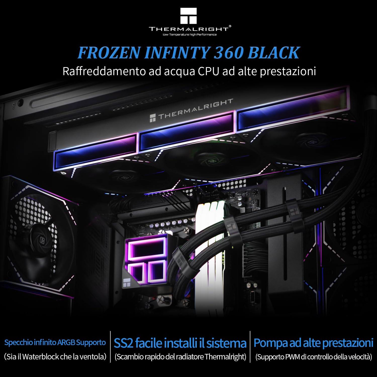 TR Frozen Infinity 360 NERO CPU Aio Cooler,Ventilatori TL-M12 x 3 PWM,Raffreddatore d'acqua per processore di computer, ARGB Infinity Mirror,360 CPU Liquid Cooling: LGA1851/1700/1150/1151/1200/2011
